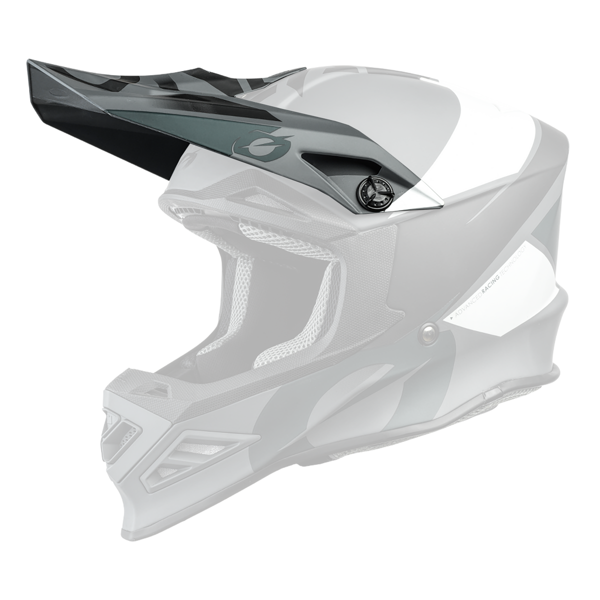 Der O'NEAL Visor F-SRS Helm GLITCH von O'NEAL ist ein mattschwarzer, weißer und grauer Fullface-Motocross-Helm mit Visier, aerodynamischem Design und seitlichen Belüftungsöffnungen.