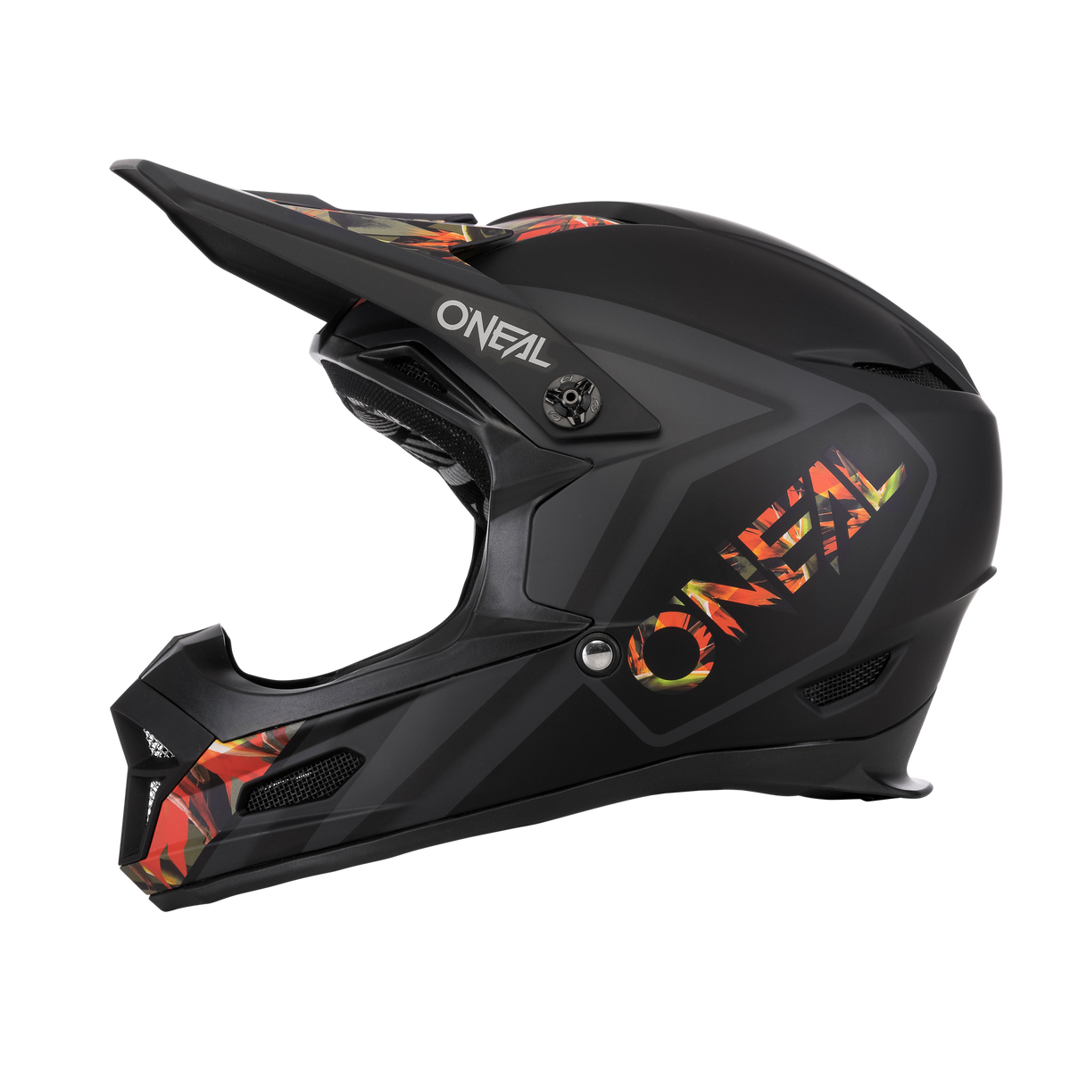 Der O'NEAL FURY Helm MAHALO ist ein schwarzer Integralhelm mit Visier, Lüftungsöffnungen und kantigen orange-gelben Akzenten an den Seiten und am Kinn. Er ist auf einem schlichten Hintergrund abgebildet und eignet sich für Motocross oder als Mountainbike-Helm.