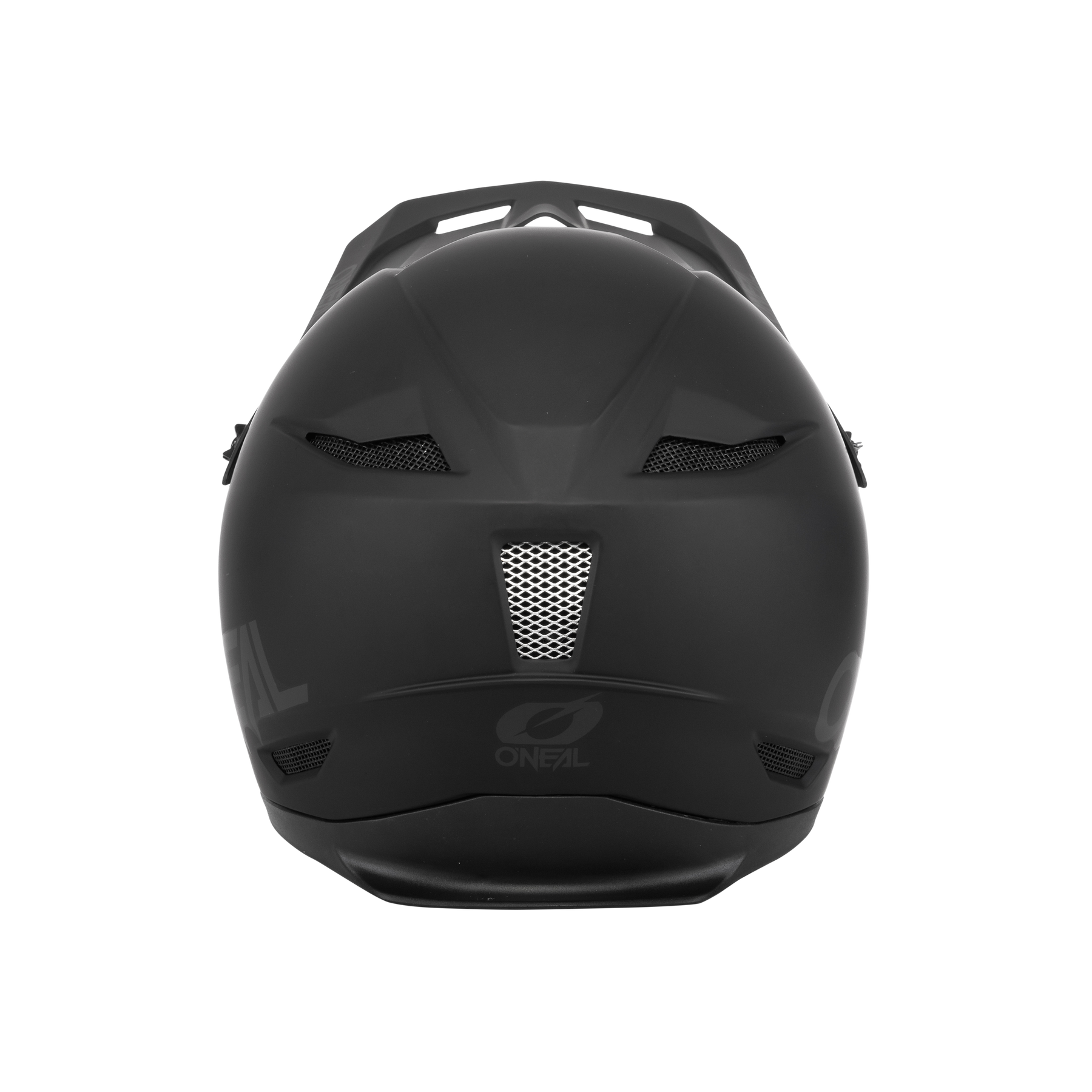 Frontansicht des O'NEAL FURY Helm SOLID by O'NEAL in mattschwarz, mit Mesh-Nasenbelüftung, seitlichen Belüftungsöffnungen und dem O'NEAL-Logo in der Nähe der Basis.