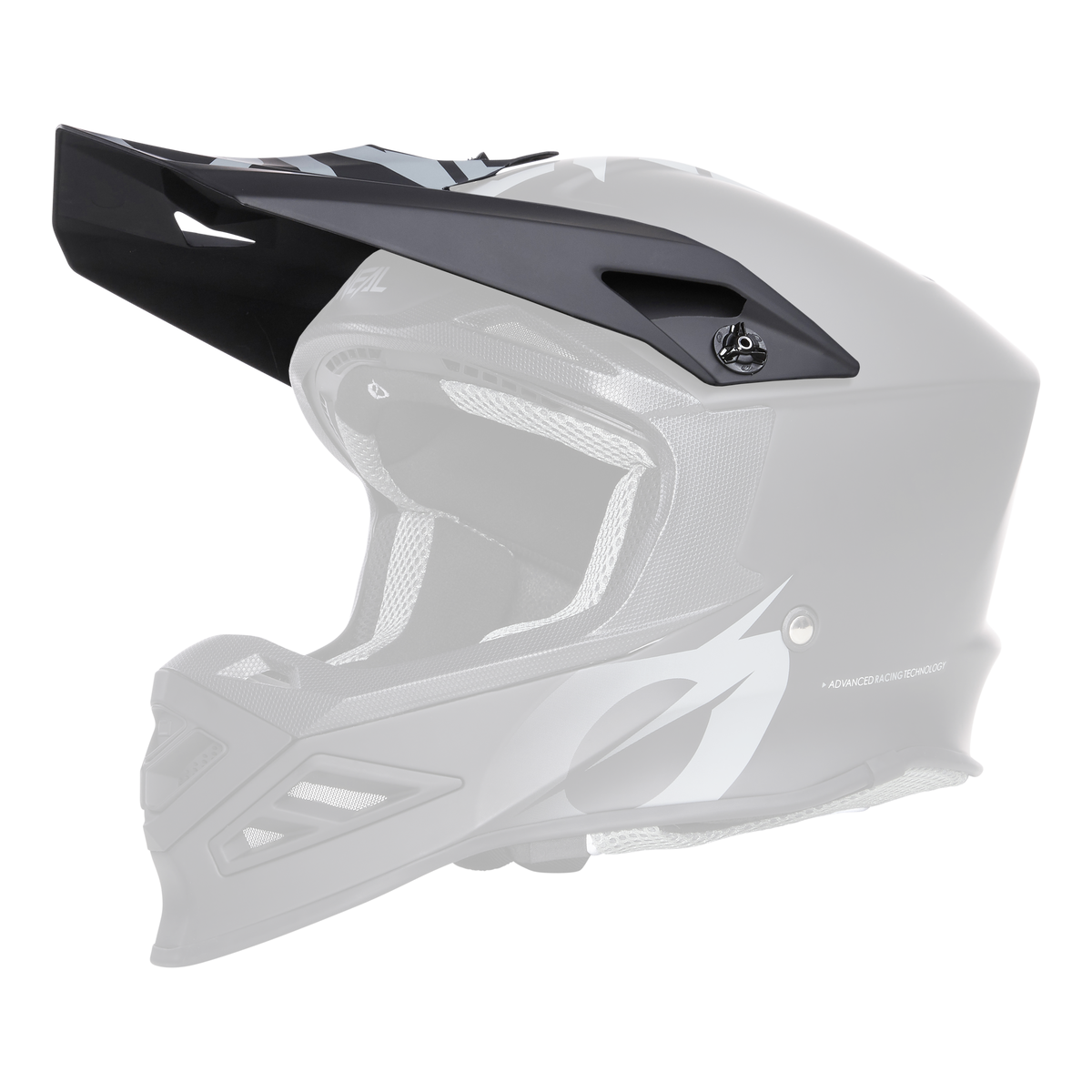 Der O'NEAL Visor F-SRS Helmet SOLID von O'NEAL ist ein schwarz-grauer Fullface-Motocross-Helm mit großem Visier und gepolsterter Innenausstattung, abgebildet von der Seite auf schwarzem Hintergrund.