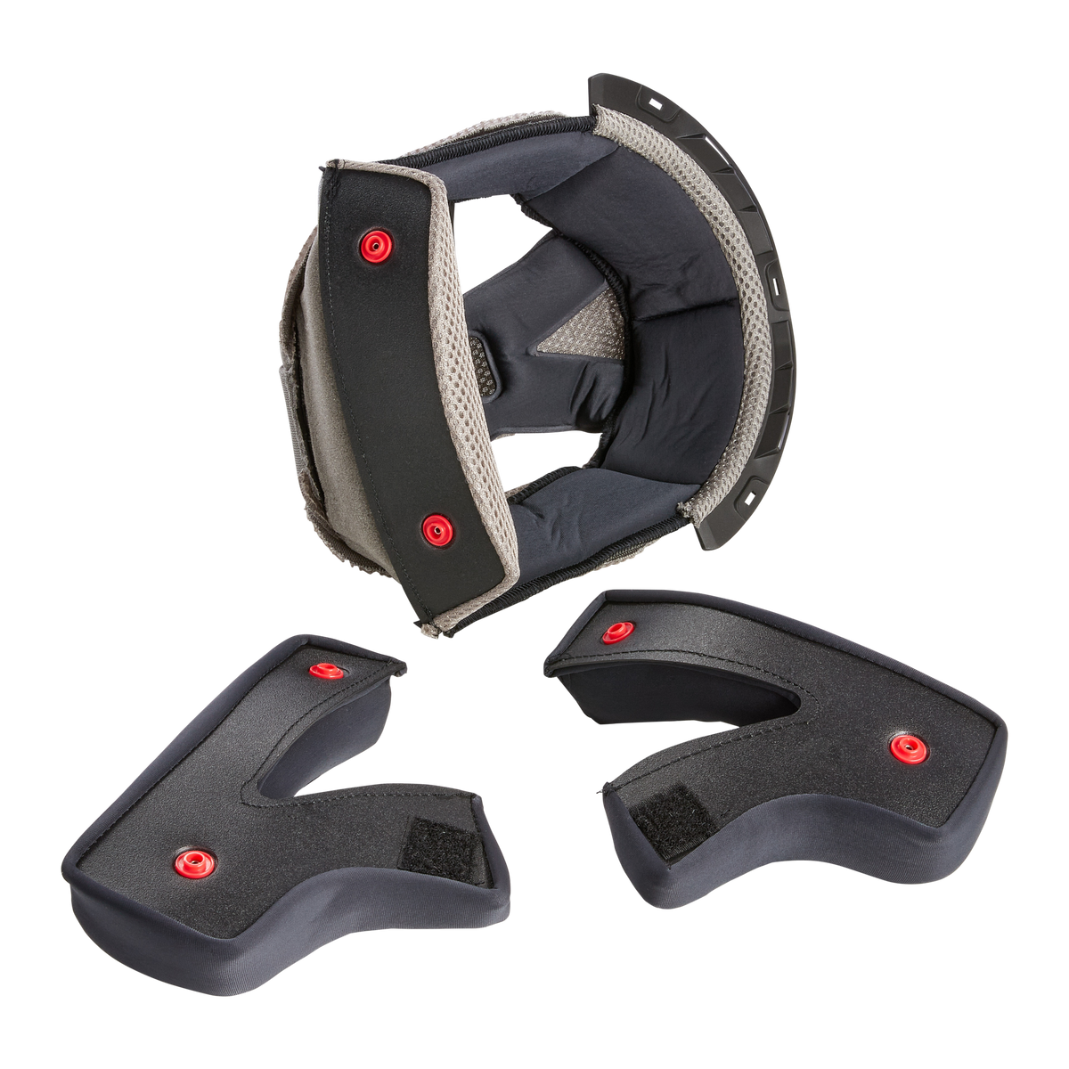 Drei O'NEAL Liner & Cheek Pads 1SRS Helmeinsätze in Schwarz und Grau mit roten Druckknöpfen sind auf weißem Hintergrund abgebildet und heben die Innenpolsterung für Kopf- und Wangenschutz hervor.