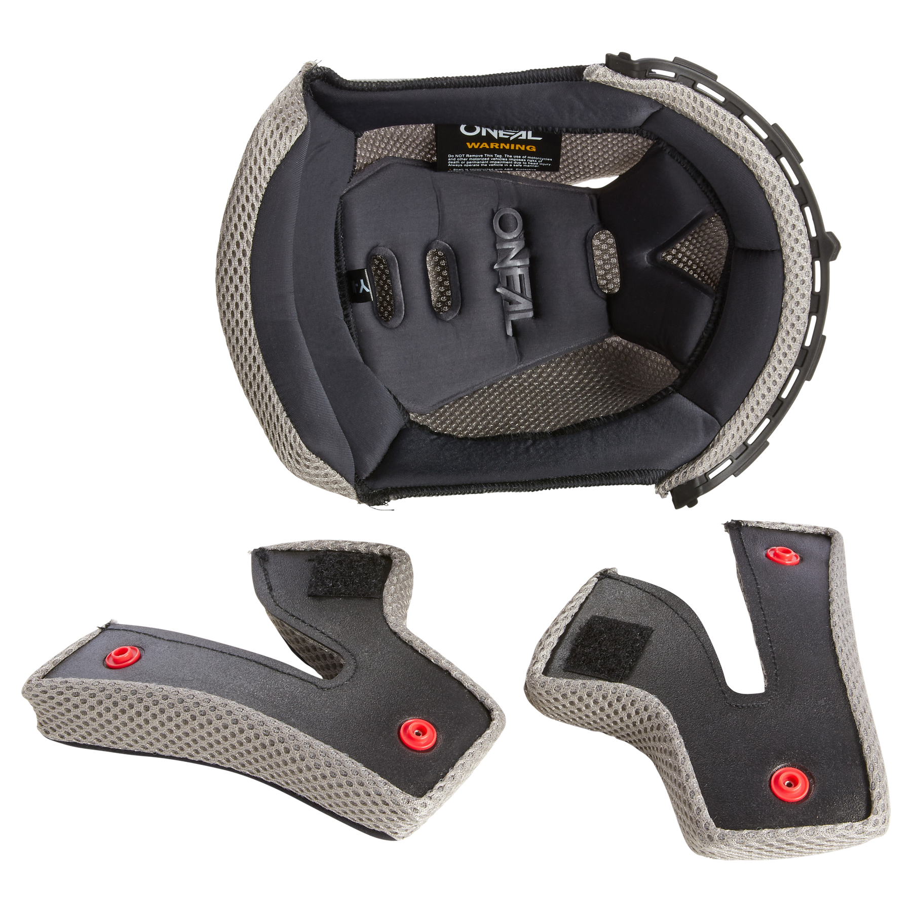 O'NEAL Liner & Cheek Pads für 1SRS Jugendhelm von O'NEAL, in schwarz und grau mit Netzeinsätzen und roten Druckknöpfen, flach auf weißem Hintergrund abgebildet.