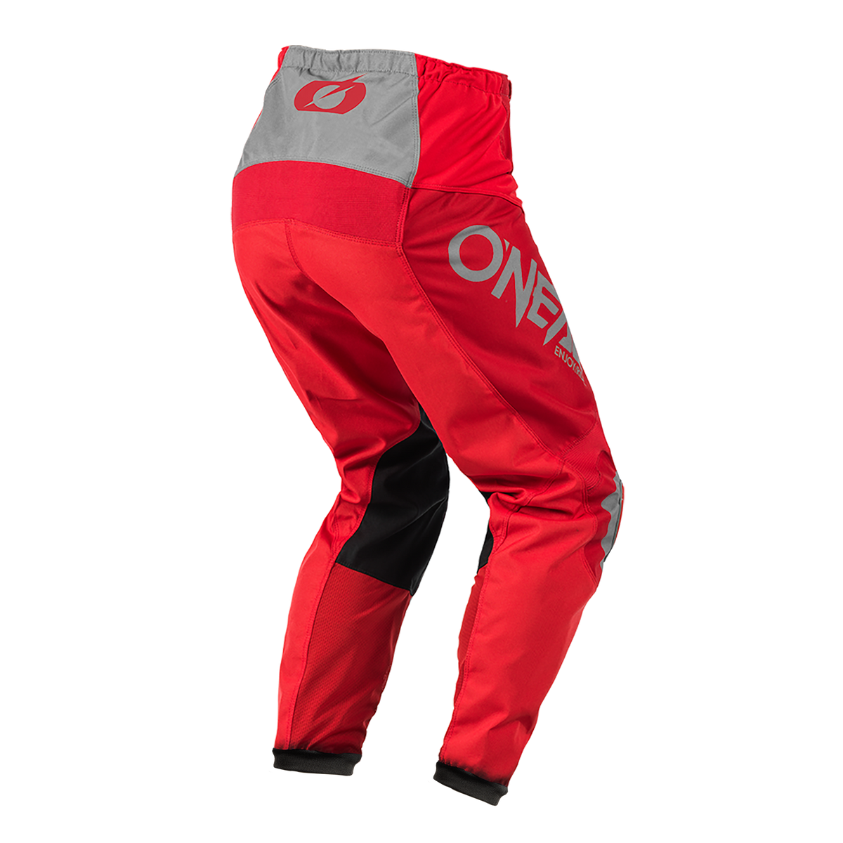 Los pantalones de motocross O'NEAL Matrix pants RIDEWEAR en rojo y gris con detalles en negro presentan el logotipo O'NEAL "ONE" en el lateral y una "O" estilizada en la cintura, mostrados desde una vista de tres cuartos por detrás.
