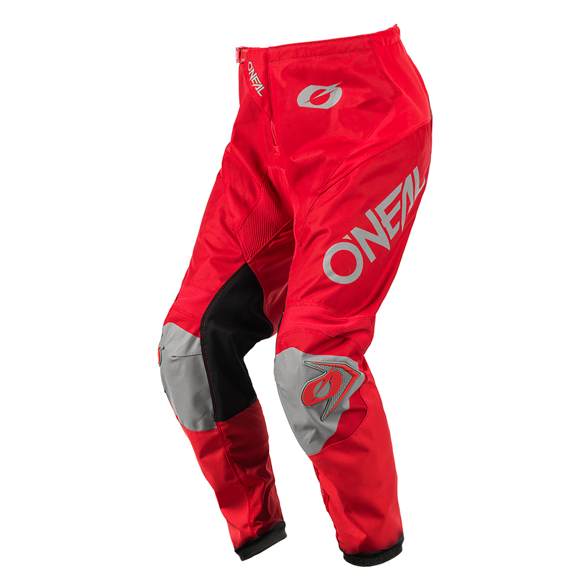 Los pantalones O'NEAL Matrix RIDEWEAR son unos pantalones de motocross rojos y grises con detalles en negro, un llamativo logotipo O'NEAL en blanco en la pernera derecha y logotipos más pequeños en el muslo y la rodilla izquierdos: una combinación de estilo y seguridad que forma parte de la gama de productos O'NEAL.