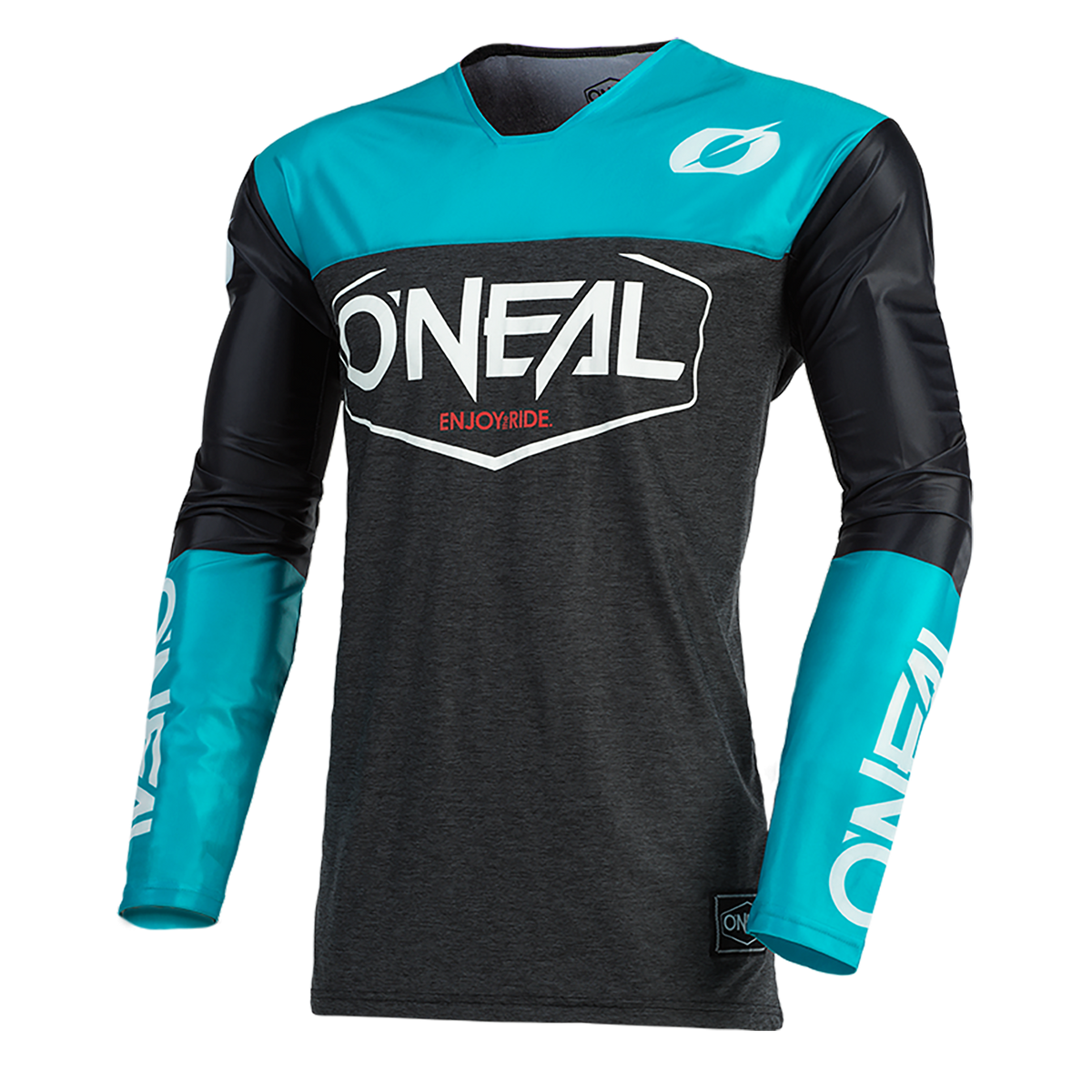 Das O'NEAL MAYHEM Jersey HEXX vereint High Performance und Style mit einem Design in Teal, Schwarz und Grau, weißen "O'NEAL"-Logos auf Brust und Ärmeln und einem roten "ENJOY.RIDE."-Aufdruck darunter.