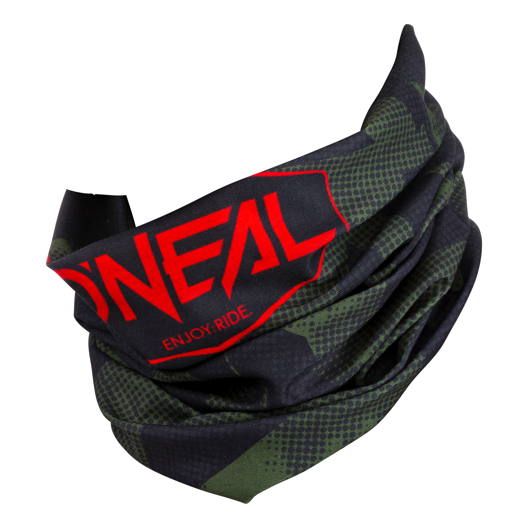Der O'NEAL Nackenwärmer COVERT ist ein grün-schwarzer Camouflage-Nackenwärmer mit rotem "O'NEAL"- und "ENJOY RIDE"-Schriftzug - ideal für Motocross- oder Mountainbike-Abenteuer.