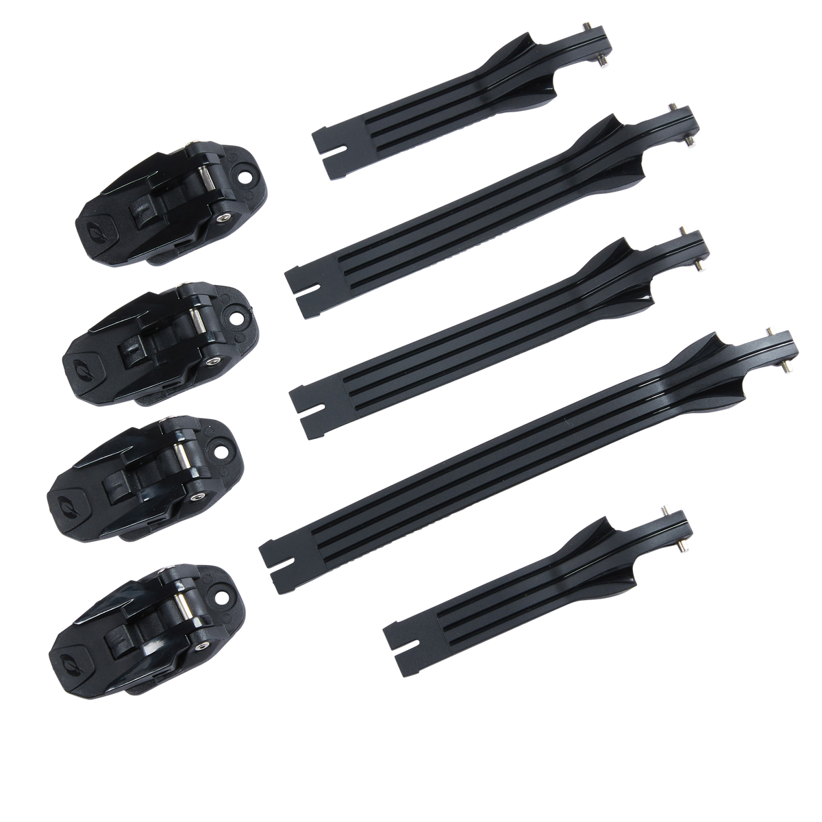 Das O'NEAL RIDER PRO Boot Full Buckle/Strap Kit von O'NEAL besteht aus vier schwarzen Kunststoffklammern und vier länglichen geschlitzten Befestigungsarmen mit Befestigungspunkten, die alle parallel auf einem weißen Hintergrund angeordnet sind.