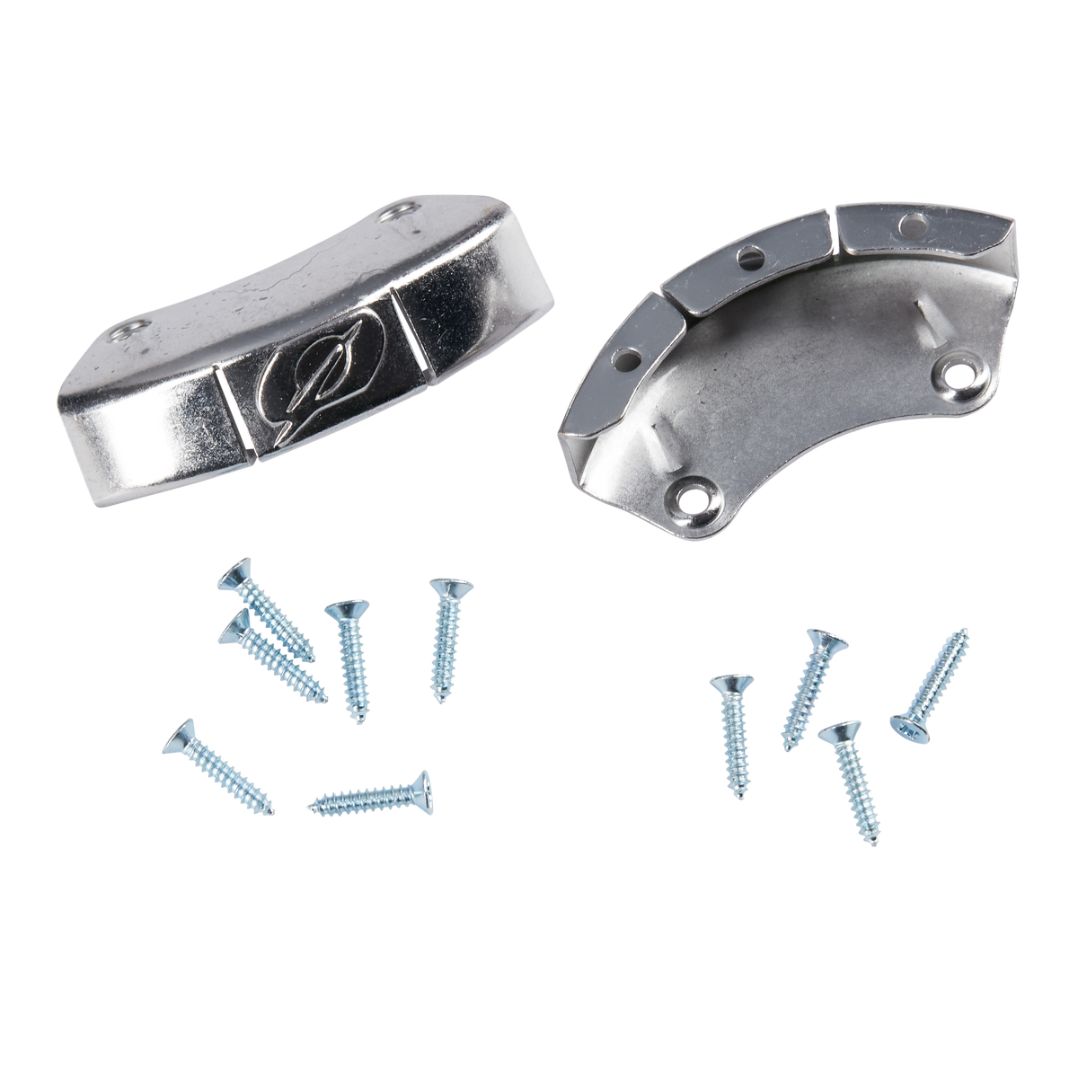 Die O'NEAL RIDER PRO Stiefel-Zehenkappe aus Metall von O'NEAL ist mit zwei geschwungenen Metallbügeln - einer davon mit eingraviertem Blattmuster - und acht silbernen Schrauben abgebildet, die alle sauber vor einem schwarzen Hintergrund angeordnet sind.