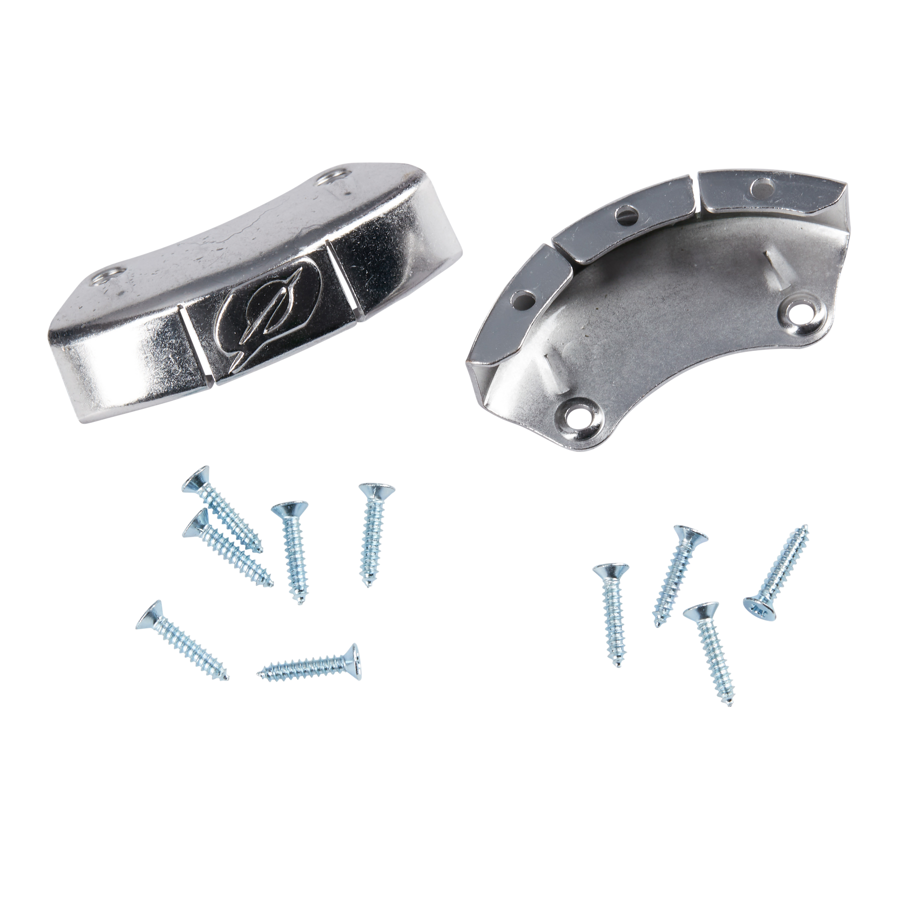 Die O'NEAL RIDER PRO Stiefel-Zehenkappe aus Metall von O'NEAL ist mit zwei geschwungenen Metallbügeln - einer davon mit eingraviertem Blattmuster - und acht silbernen Schrauben abgebildet, die alle sauber vor einem schwarzen Hintergrund angeordnet sind.