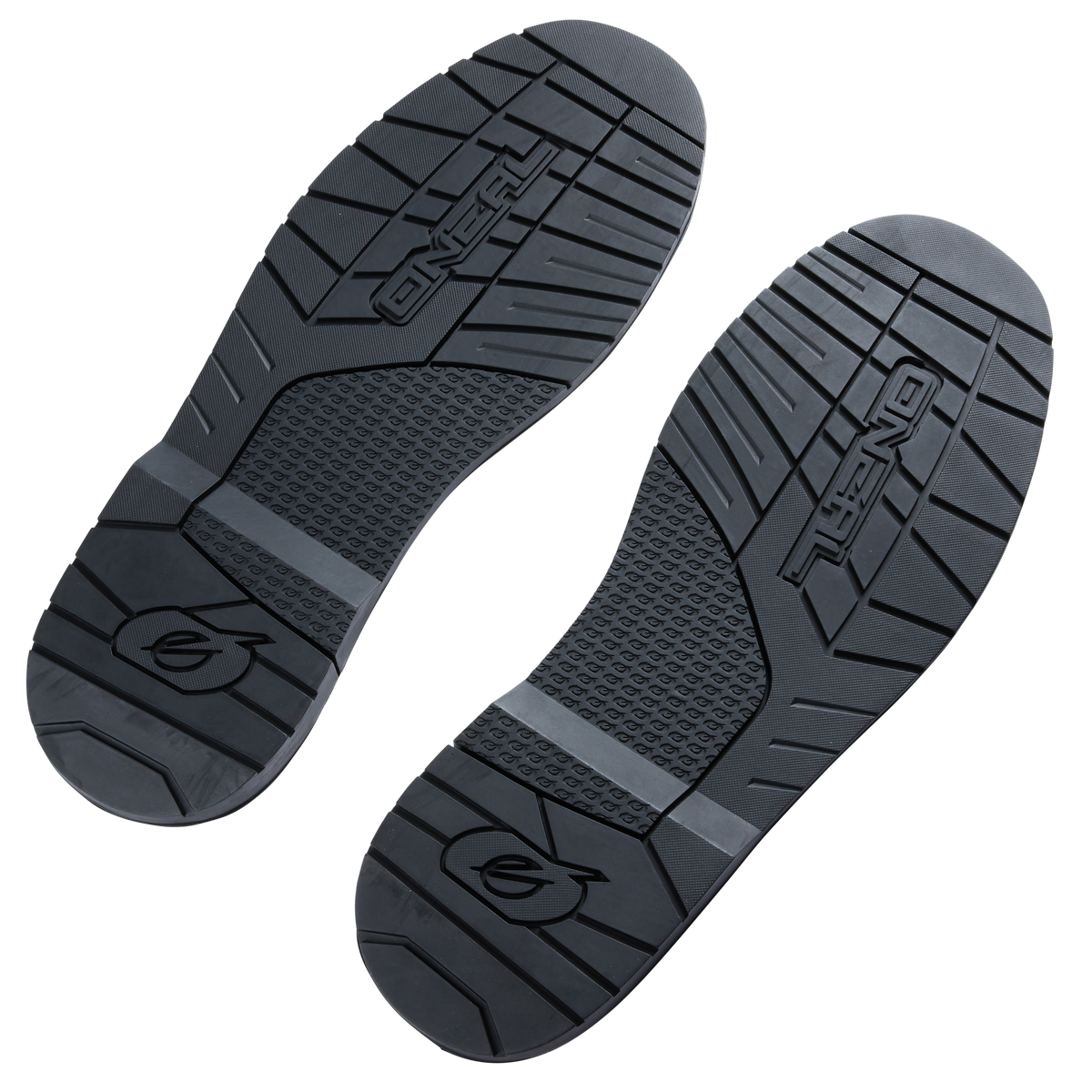 Ein Paar schwarze O'NEAL RIDER PRO Stiefel-Ersatzsohlen mit strukturiertem Profil, dem Markennamen "ONEAL" und einem stilisierten Logo auf beiden Sohlen vor weißem Hintergrund.