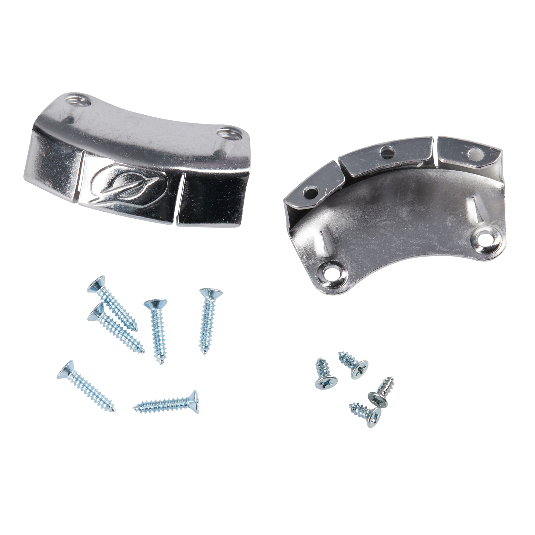 Der O'NEAL RIDER PRO Youth Boot - Metal Toe Cap von O'NEAL ist mit zwei Metallbügeln - einer davon mit einem eingravierten "D" - und einem Satz verschiedener Schrauben auf schwarzem Hintergrund abgebildet.