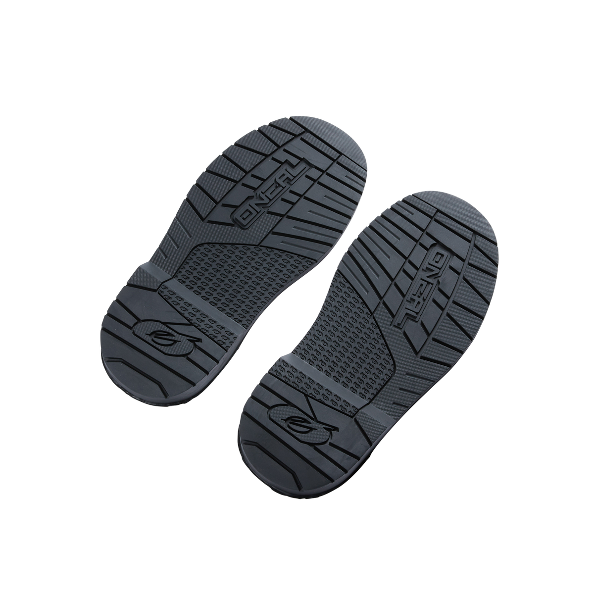 Ein Satz schwarzer Gummiersatzsohlen für den O'NEAL RIDER PRO Youth Boot mit strukturiertem Profil und dem O'NEAL-Logo auf weißem Hintergrund.