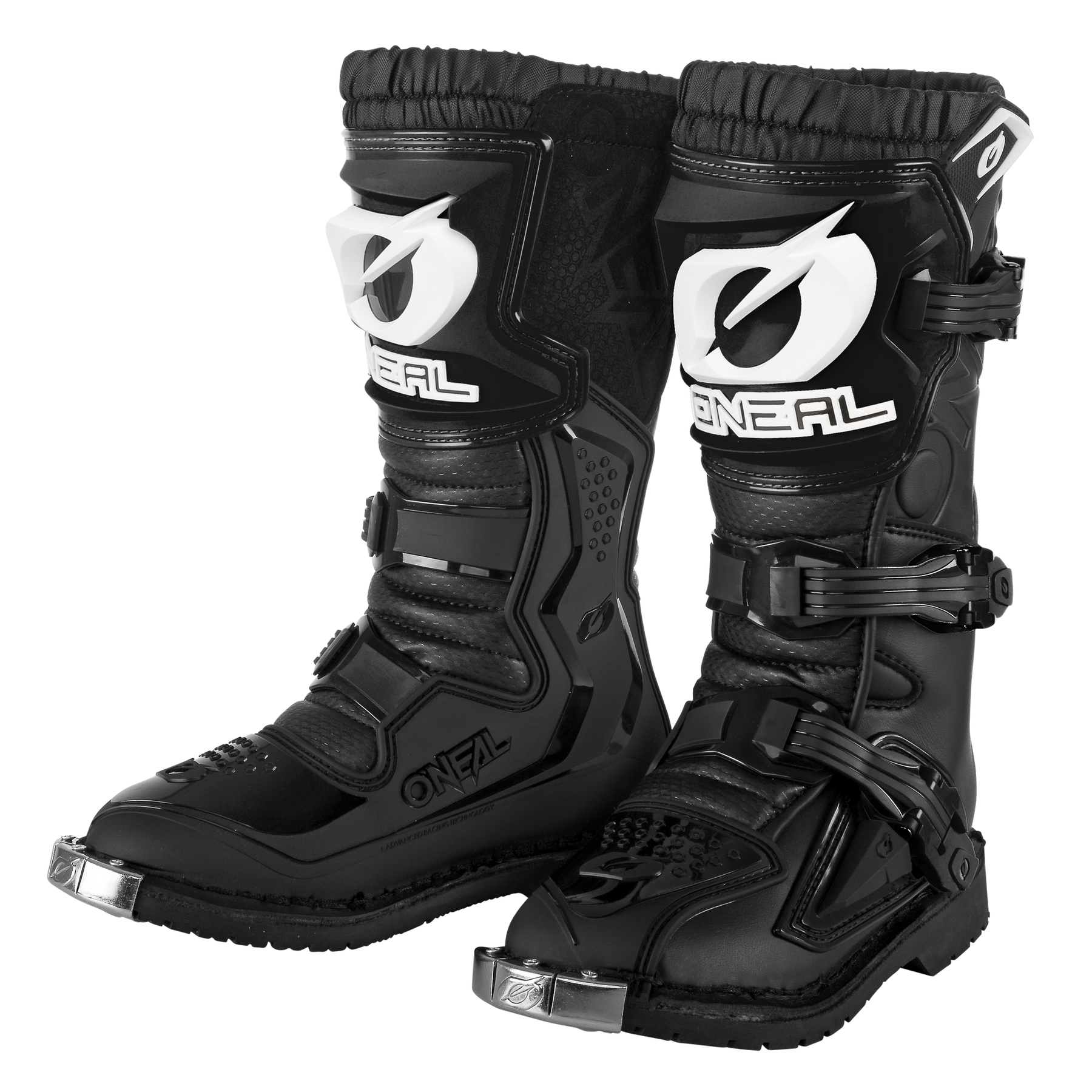 Ein Paar schwarze O'NEAL RIDER PRO Stiefel Kinder Motocross-Stiefel mit Metallkappen, verstellbaren Schnallen, verstärkten Schienbeinplatten und auffälligen weißen O'Neal-Logos - die perfekten Offroad-Stiefel von O'NEAL für junge Fahrer.