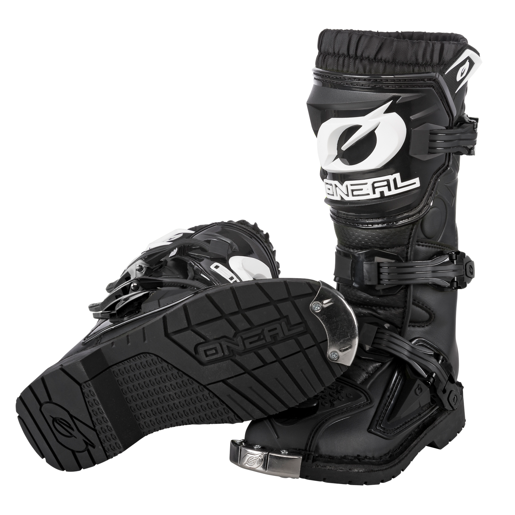 Ein Paar schwarze O'NEAL RIDER PRO Stiefel Kinderstiefel mit weißen Logos, robusten Sohlen und verstellbaren Schnallen - ein Stiefel steht aufrecht, der andere liegt auf der Seite, wodurch die Sohle hervorgehoben wird.