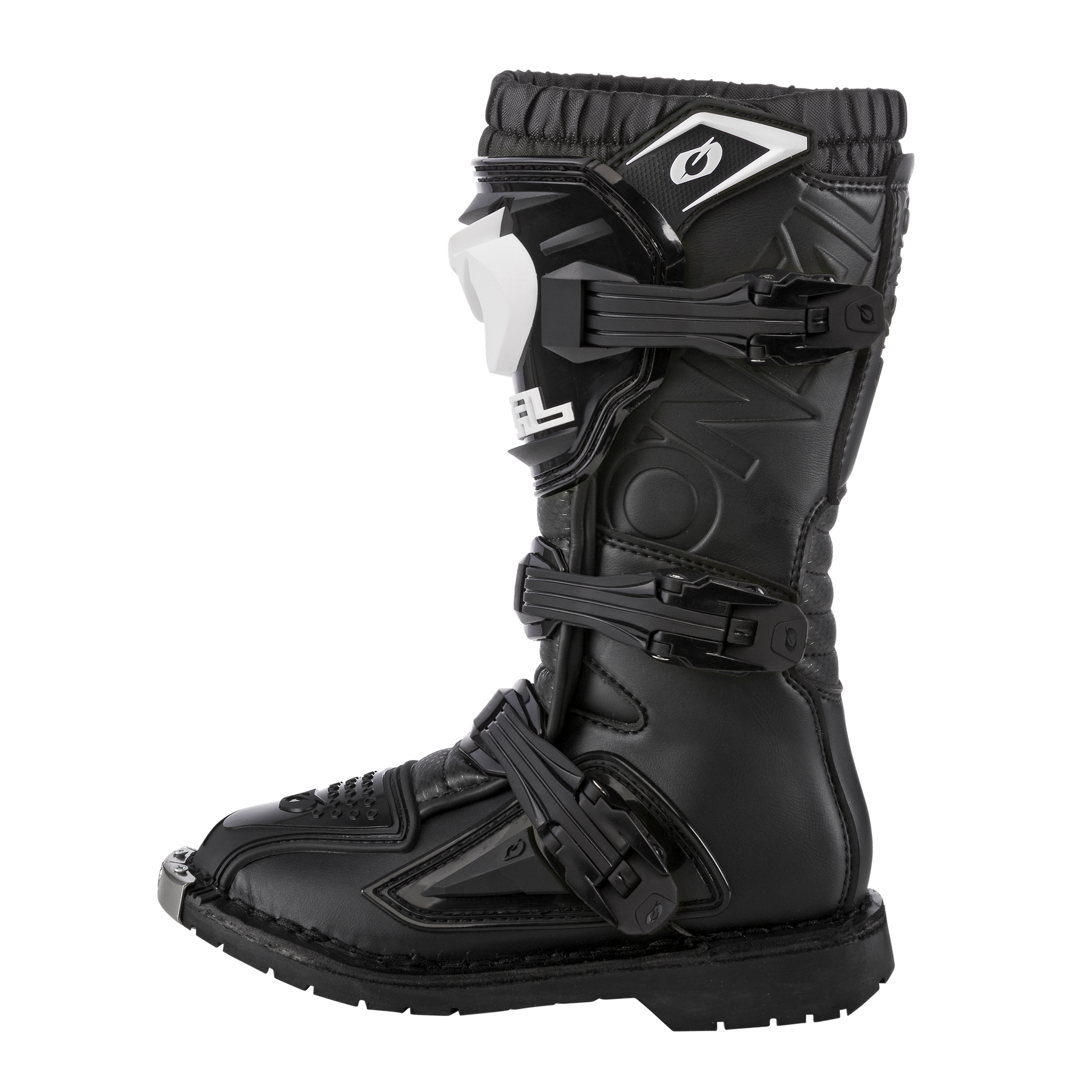 Der O'NEAL RIDER PRO Stiefel Kinder von O'NEAL ist ein schwarzer Offroad-Stiefel für Kinder mit verstärktem Schienbein- und Knöchelschutz, drei verstellbaren Schnallen und einer robusten Sohle, hier im Seitenprofil auf weißem Hintergrund.