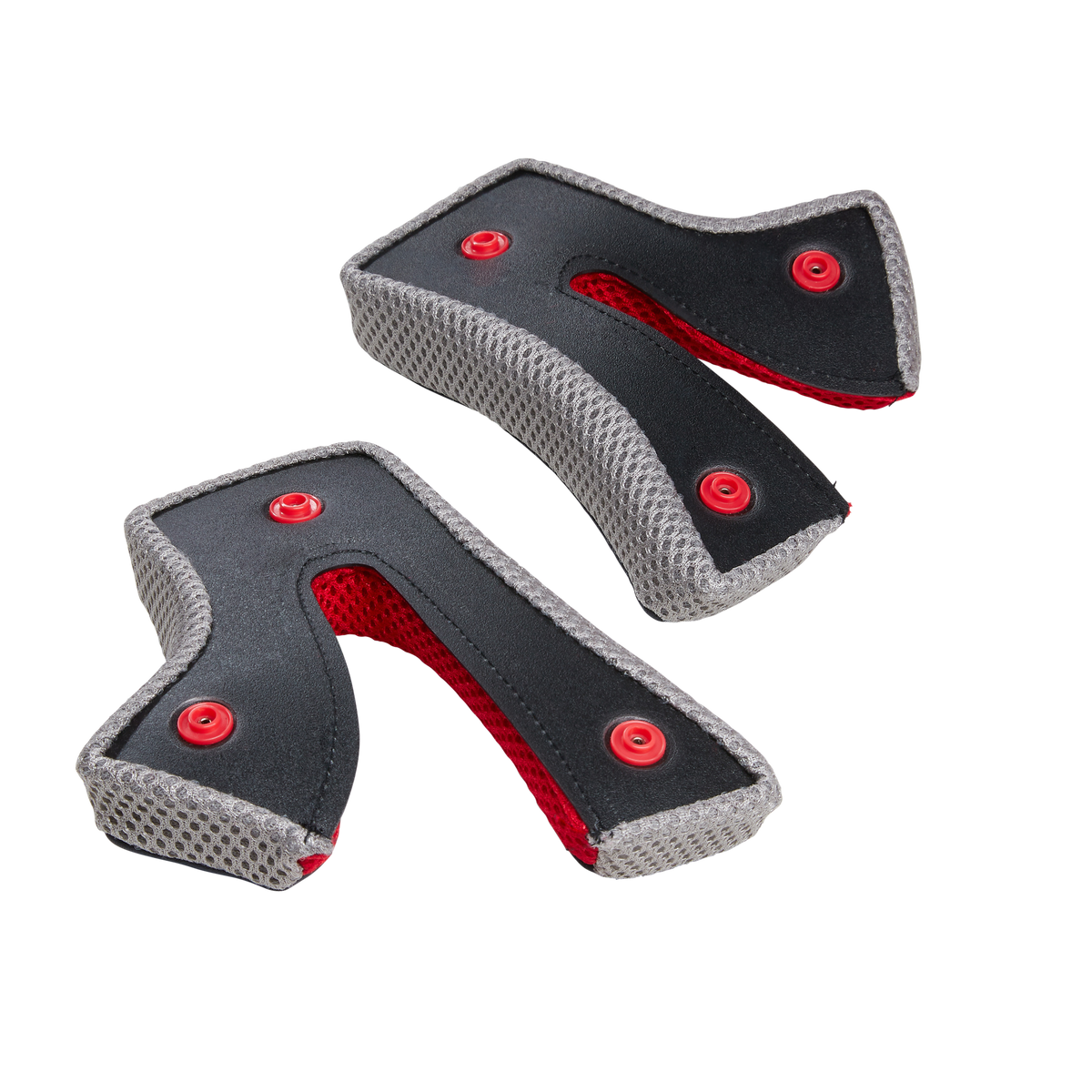 Zwei gepolsterte, L-förmige O'NEAL Liner & Cheek Pads SONUS Helmeinsätze aus schwarzem und grauem Stoff mit roten Druckknöpfen, von O'NEAL, zur Verwendung als Helminnenfutter oder Polsterung, auf schwarzem Hintergrund.