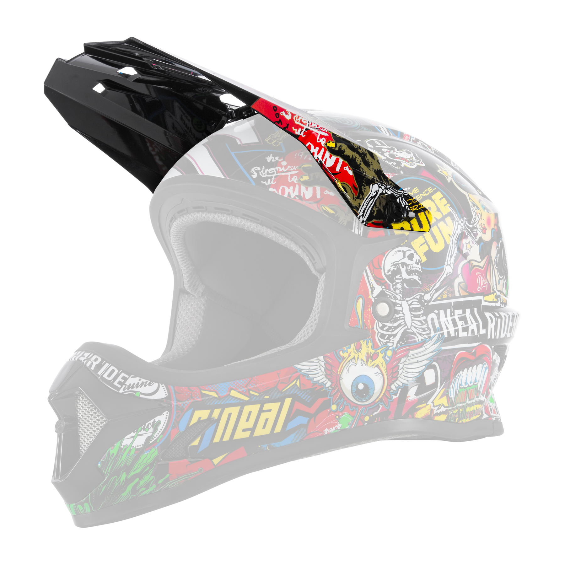 Der O'NEAL Visor SONUS Youth Helmet CRANK ist ein schwarzer Fullface-Motocross-Helm von O'NEAL, der mit bunten Grafikaufklebern mit Text, Totenköpfen, einem Haifischmaul und Designs im Comic-Stil versehen ist.