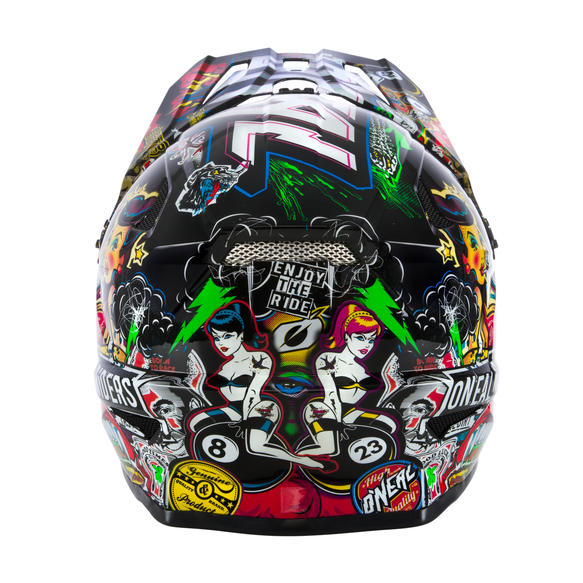 Der O'NEAL SONUS Helm Kinder CRANK ist ein farbenfroher Kinderhelm mit bunten Grafiken, Aufklebern, Rennnummern, Flammen, Totenköpfen, zwei illustrierten Frauen und "ENJOY THE RIDE" auf der Rückseite - perfekt für junge Fahrrad- oder MTB-Fans.