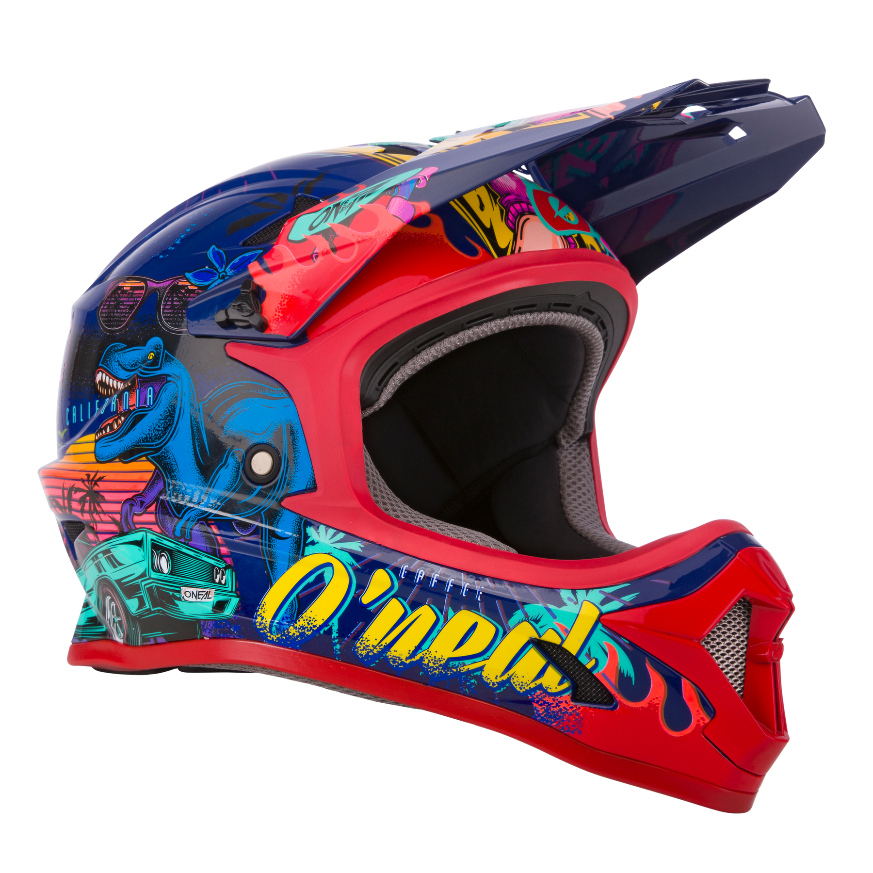 Der O'NEAL SONUS Helm Kinder REX ist ein farbenfroher MTB-Helm mit lebendiger Graffiti-Kunst, darunter ein blauer Dinosaurier, eine Sonnenbrille, Palmen, ein Auto, eine Frau im Bikini und ein fetter "O'NEAL"-Schriftzug auf der Seite.