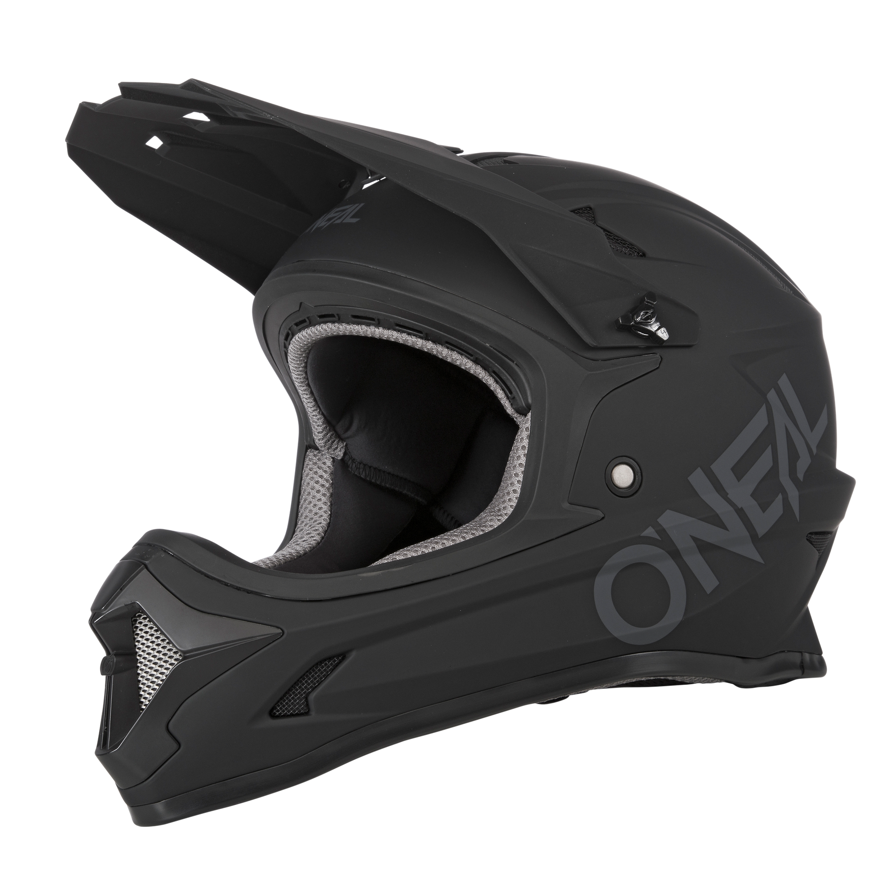 Der O'NEAL SONUS Helm Kinder SOLID ist ein mattschwarzer Fullface-MTB-Helm für Kinder mit Visier, seitlichem "ONEAL"-Logo, Belüftungsöffnungen und gepolsterter Innenausstattung.