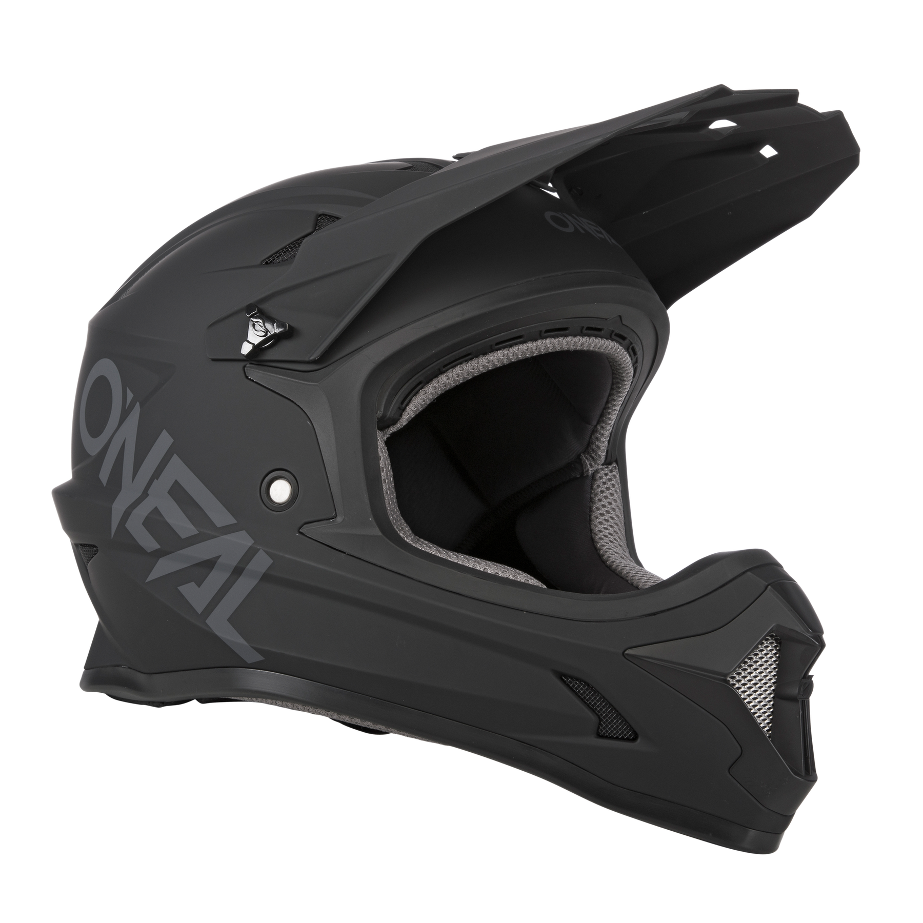 Der mattschwarze Vollvisierhelm O'NEAL SONUS Helm Kinder SOLID ist im Seitenprofil abgebildet und verfügt über ein Visier, einen Kinnschutz und eine gepolsterte Innenausstattung für Komfort und Schutz - ideal für junge Fahrer.