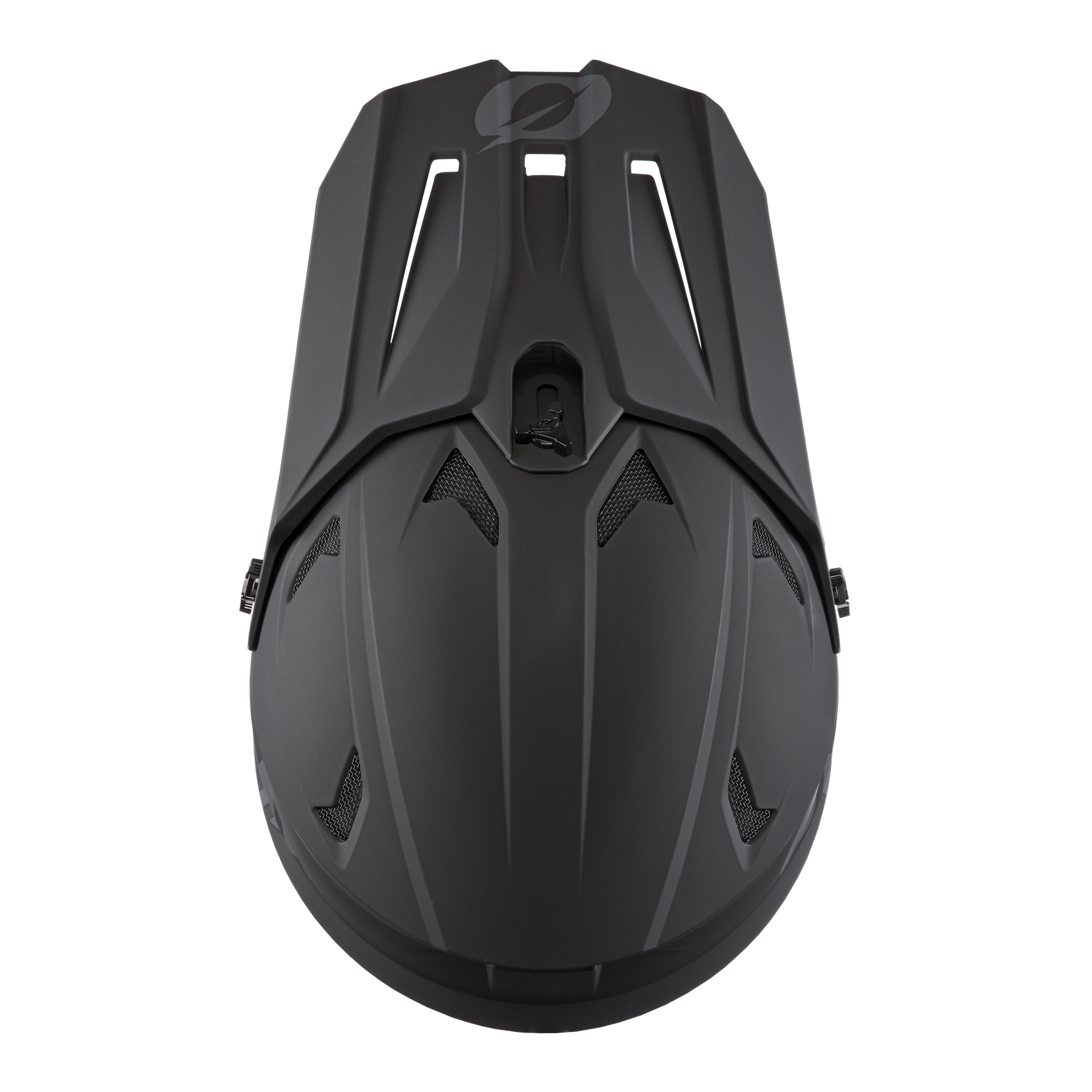 Draufsicht auf ein schlankes, mattschwarzes Wasserfahrzeug mit kantigen Linien, Lüftungsschlitzen und einem zentralen Griff - eine Reminiszenz an das kühne Design des O'NEAL SONUS Helm Kinder SOLID by O'NEAL. Auf einfarbigem Hintergrund abgebildet.