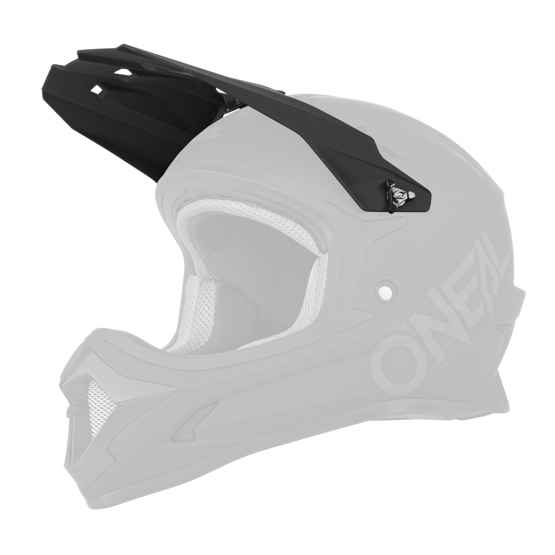 Der O'NEAL Visor SONUS Helmet SOLID ist ein mattschwarzer Fullface-Motocross-Helm mit Visier, auffälligem "O'NEAL"-Branding, Netzbelüftung und Innenpolsterung für Schutz und Komfort.