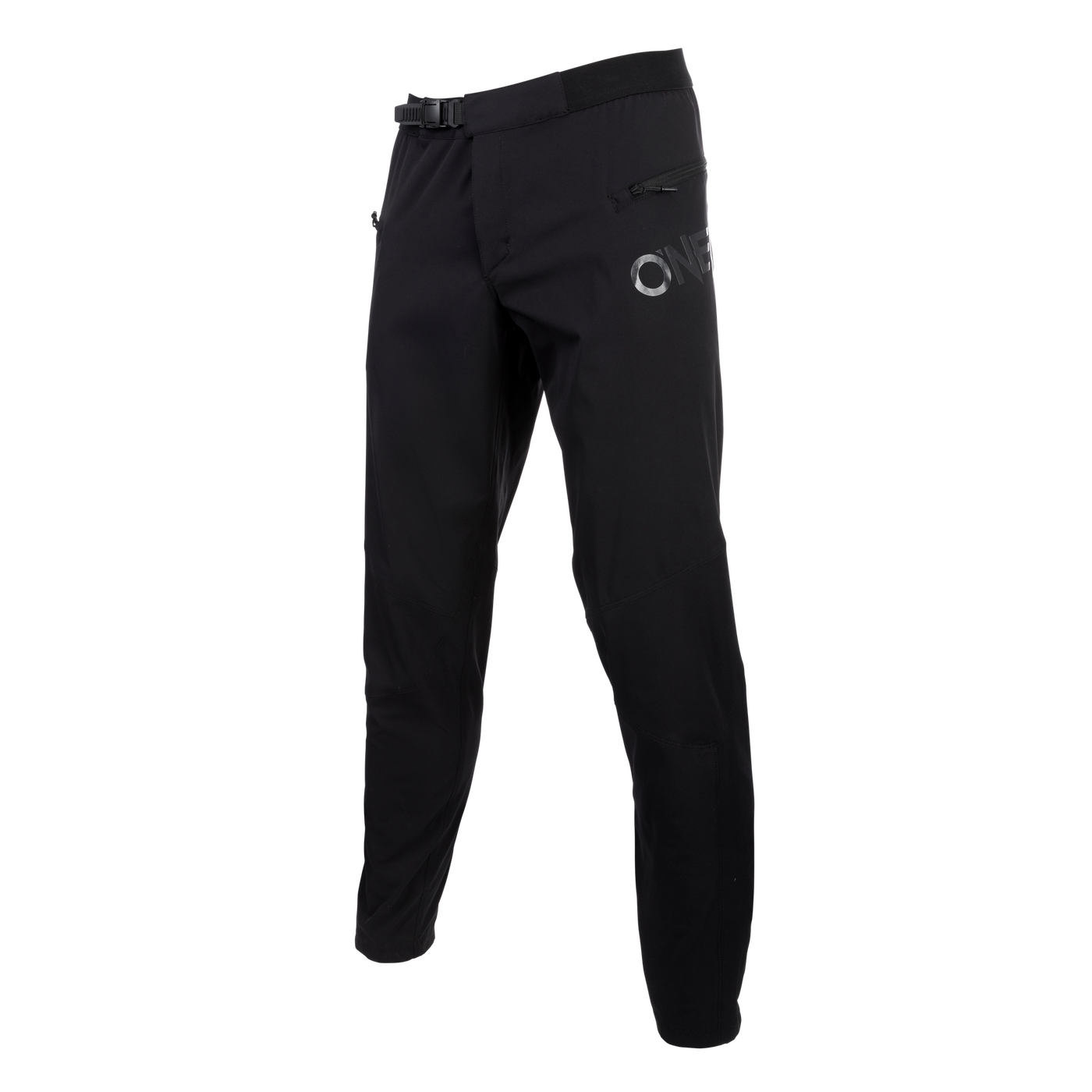 The O'NEAL TRAILFINDER pants for youth are black, slim-fit sports pants with a zippered side pocket, an adjustable waist belt and a white "ONE" logo - ideal for versatile motorsport gear.