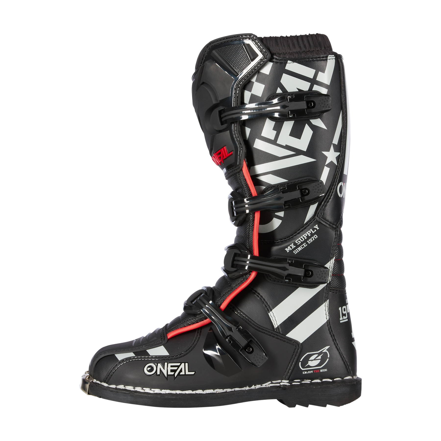 Der O'NEAL TRIBUTE Stiefel SQUADRON ist ein schwarzer Motocross-Stiefel mit weißer und grauer Grafik, roten Akzenten, verstellbaren Schnallen, verstärktem Zehenbereich und O'NEAL-Branding - ideal für Ihr MX-Zubehör und Ihre Motorsportanforderungen.