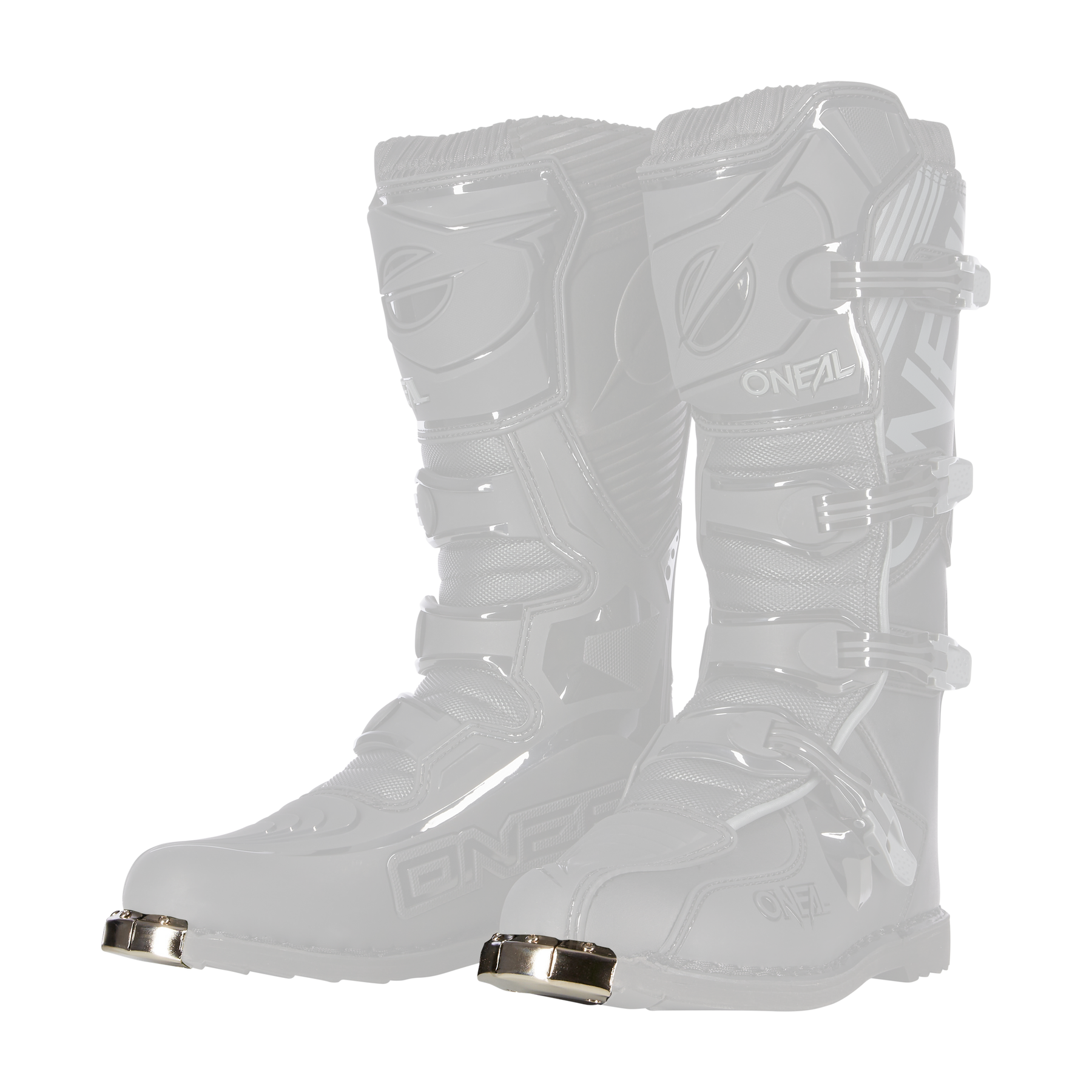 Ein Paar O'NEAL TRIBUTE Stiefel in Schwarz, mit Metallkappe, mehrfach verstellbaren Schnallen, verstärkten Schienbeinplatten und strukturierten Einsätzen für zusätzlichen Schutz und Halt.