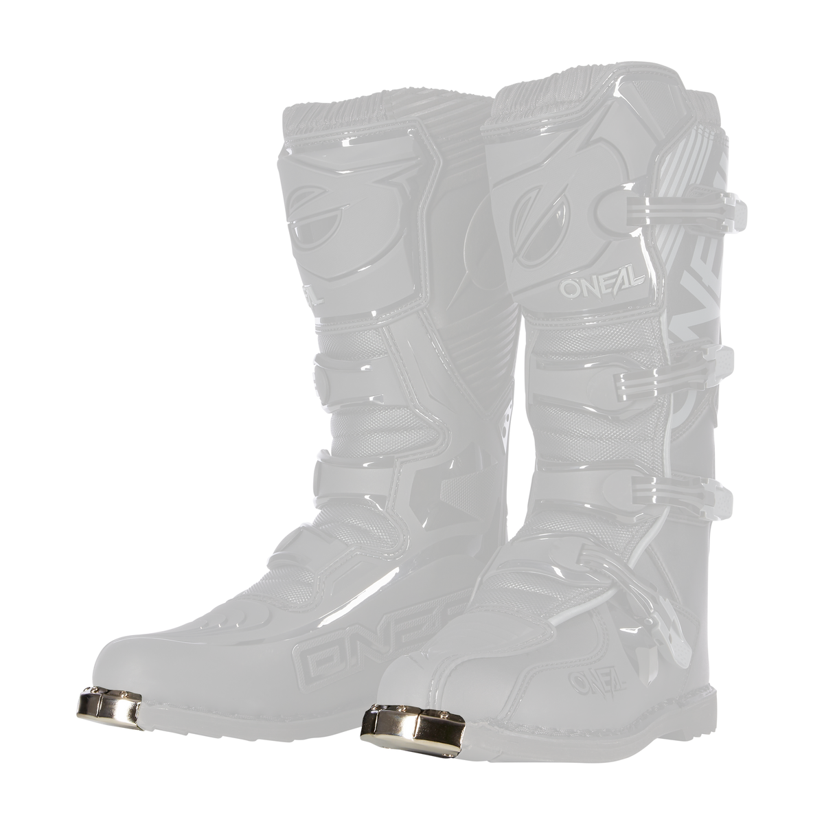 Ein Paar O'NEAL TRIBUTE Jugendstiefel mit Metallkappen an den Zehen, drei verstellbaren Schnallen und verstärktem Schienbein- und Knöchelschutz stehen aufrecht vor einem weißen Hintergrund.