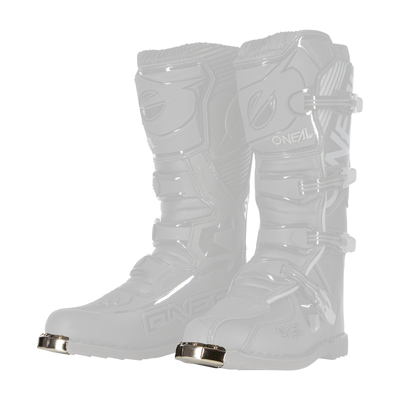 Ein Paar O'NEAL TRIBUTE Jugendstiefel mit Metallkappen an den Zehen, drei verstellbaren Schnallen und verstärktem Schienbein- und Knöchelschutz stehen aufrecht vor einem weißen Hintergrund.