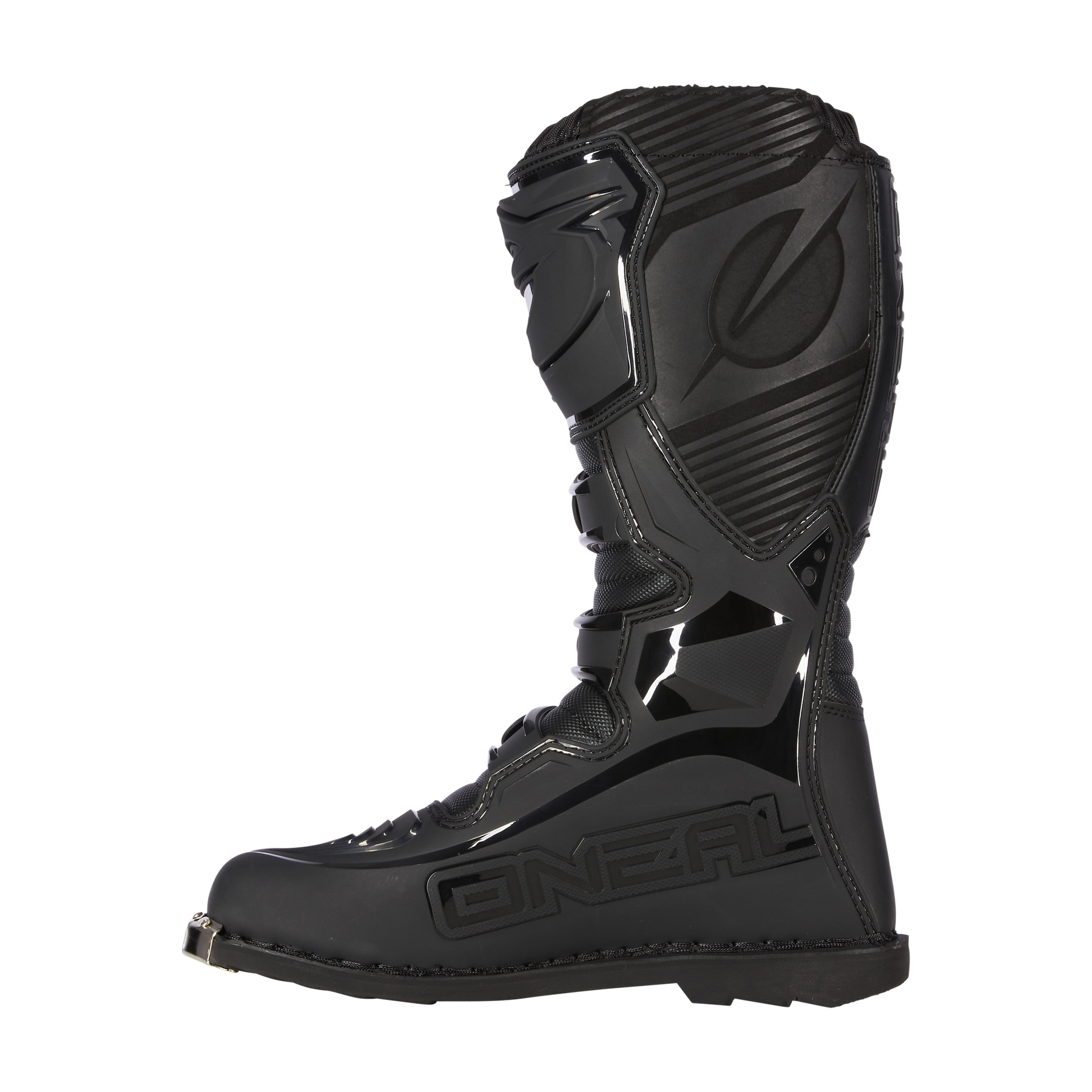 Der O'NEAL TRIBUTE Stiefel ist ein schwarzer High-Top-Stiefel mit verstärkten Einsätzen, Metallkappe und auffälligem O'NEAL-Branding, der für schweren Schutz und Off-Road-Motorsport konzipiert ist.