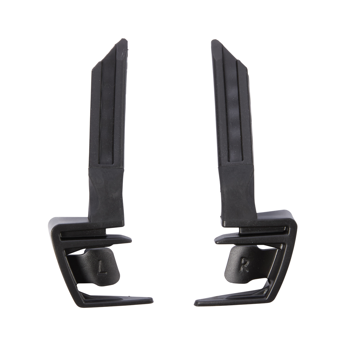 Zwei schwarze Kunststoffteile der O'NEAL Flexible Hinges TRON Neckbrace sind nebeneinander abgebildet, jeweils mit langen vertikalen Armen und abgewinkelten Sockeln, die mit "L" (links) und "R" (rechts) geprägt sind, um ihre Seiten zu kennzeichnen.