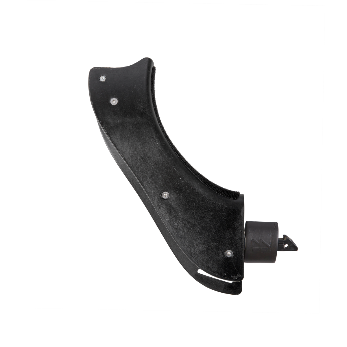 Der O'NEAL TRON Front Frame Vorderes rechtes Seitenteil von O'NEAL ist ein schwarzes, gebogenes Kunststoffteil mit Schrauben und einem hervorstehenden Befestigungsstück an einem Ende, isoliert auf einem transparenten Hintergrund dargestellt.