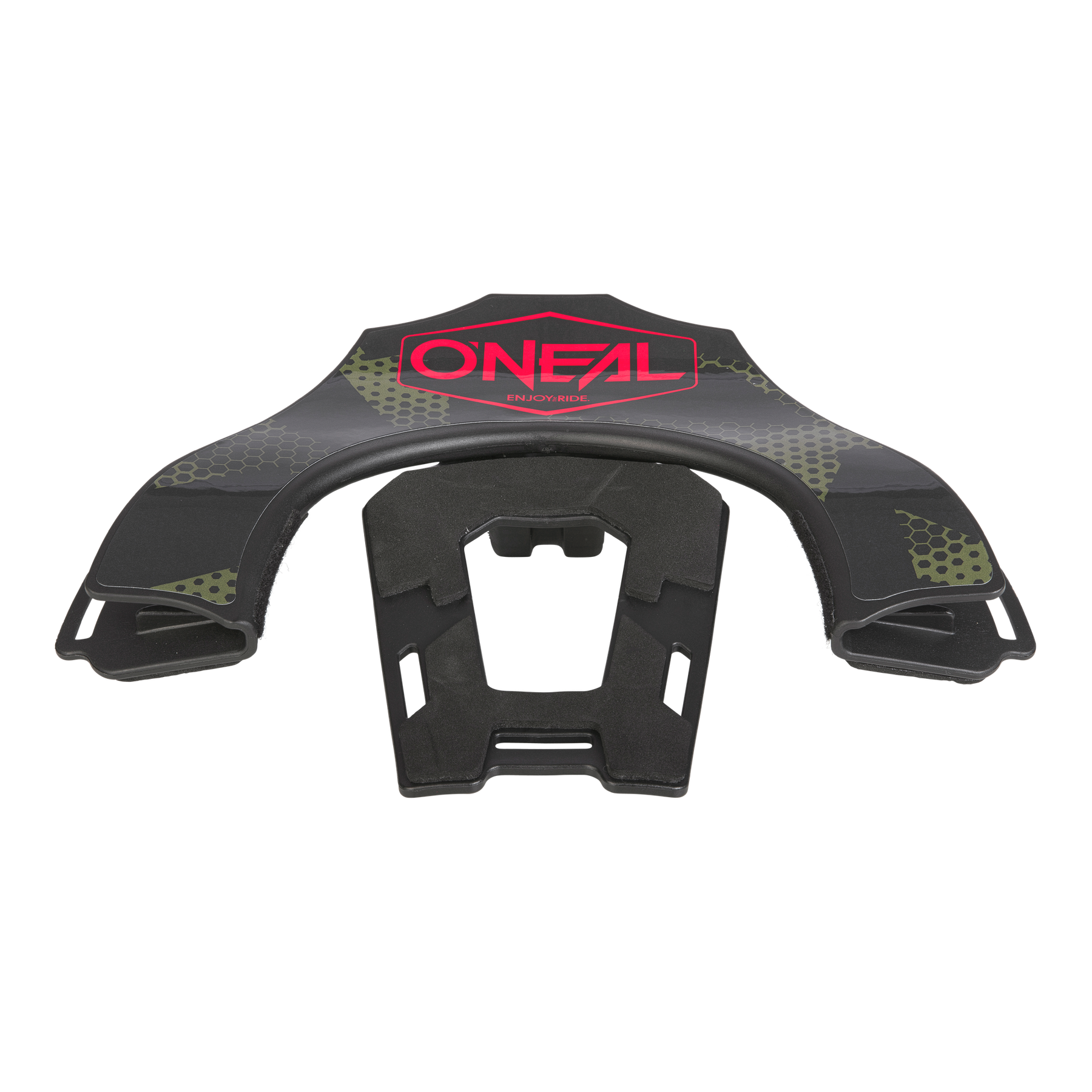 Der O'NEAL Back Part TRON Neckbrace ist ein schwarzer Motocross-Nackenschutz mit grün gemusterten Akzenten und einem auffälligen roten O'NEAL-Logo auf der Oberseite, der für den schützenden Einsatz im Gelände entwickelt wurde.