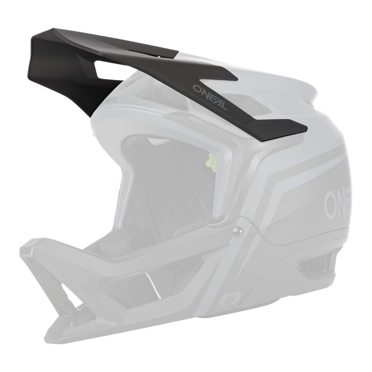 Der O'NEAL Visor TRANSITION Helmet FLASH ist ein mattgrauer und schwarzer Fullface-Mountainbike-Helm mit großem Visier, Kinnschutz, Belüftungsöffnungen und auffälligem O'NEAL-Branding.