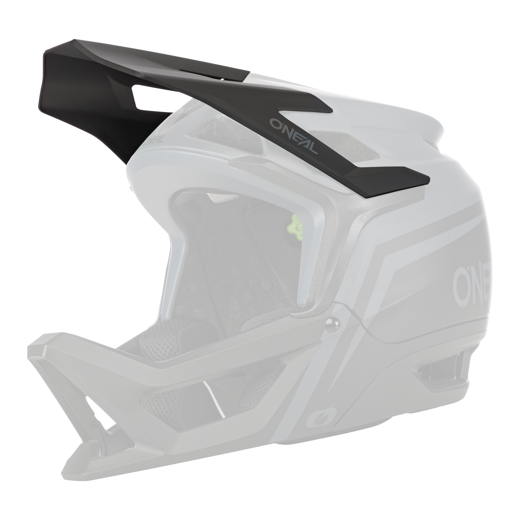 Der O'NEAL Visor TRANSITION Helmet FLASH ist ein mattgrauer und schwarzer Fullface-Mountainbike-Helm mit großem Visier, Kinnschutz, Belüftungsöffnungen und auffälligem O'NEAL-Branding.