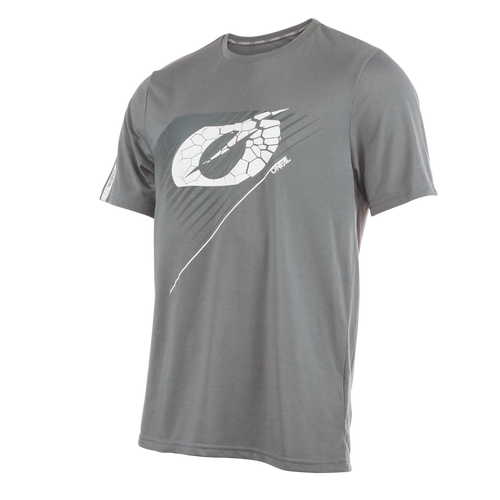 Das O'NEAL VAULT Jersey ist ein graues, kurzärmeliges Mountainbike-Trikot mit einem weiß-schwarzen abstrakten Craquelé-Muster mit diagonalen Linien. Hergestellt aus atmungsaktivem Jersey-Stoff von O'NEAL für Komfort auf jeder Fahrt.