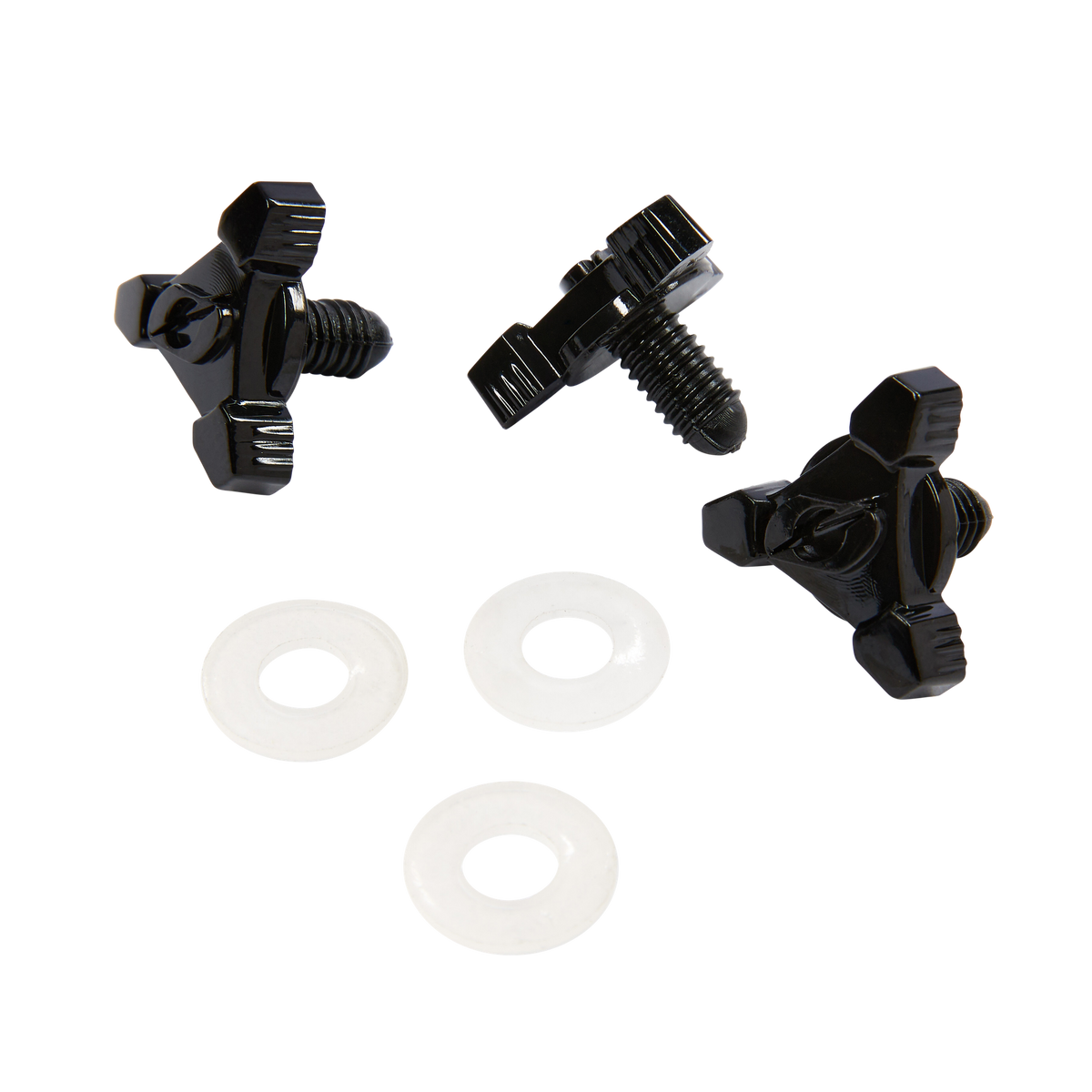 Drei schwarze O'NEAL-Visierschrauben-Set 1SRS/SONUS/C-SRS Helm-Daumenschrauben und drei weiße Unterlegscheiben sind auf schwarzem Hintergrund angeordnet.
