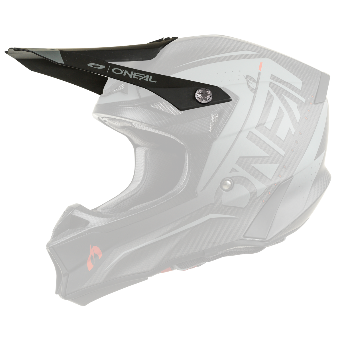 Der O'NEAL Visor 10SRS Carbon Helm PRODIGY ist ein schwarz-grauer Vollvisier-Motorradhelm mit kantigem Design, roten Akzenten und einem markanten Visier, dargestellt von der linken Seite.