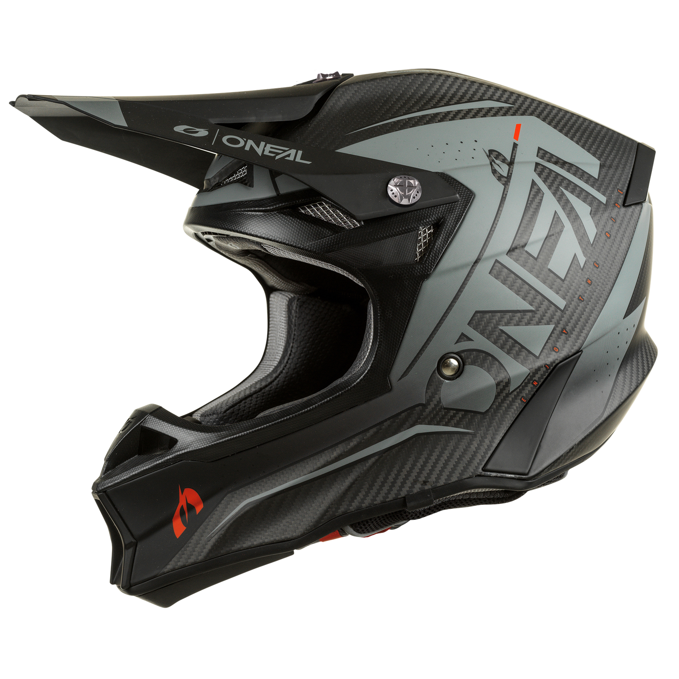 The O'NEAL 10SRS Carbon helmet Prodigy is a lightweight black and gray helmet with red accents, angular design, visor and O'NEAL logo. Designed for off-road or motocross use, shown here in side view.