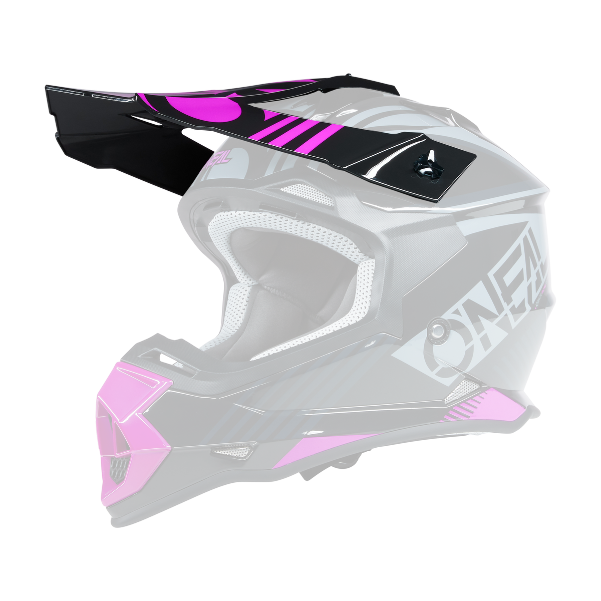 Der O'NEAL Visor 2SRS Jugendhelm RUSH ist ein schwarzer Helm mit grauen, rosa und lila geometrischen Motiven, dem O'NEAL-Logo an der Seite, einem Visier und einer gepolsterten Innenseite.