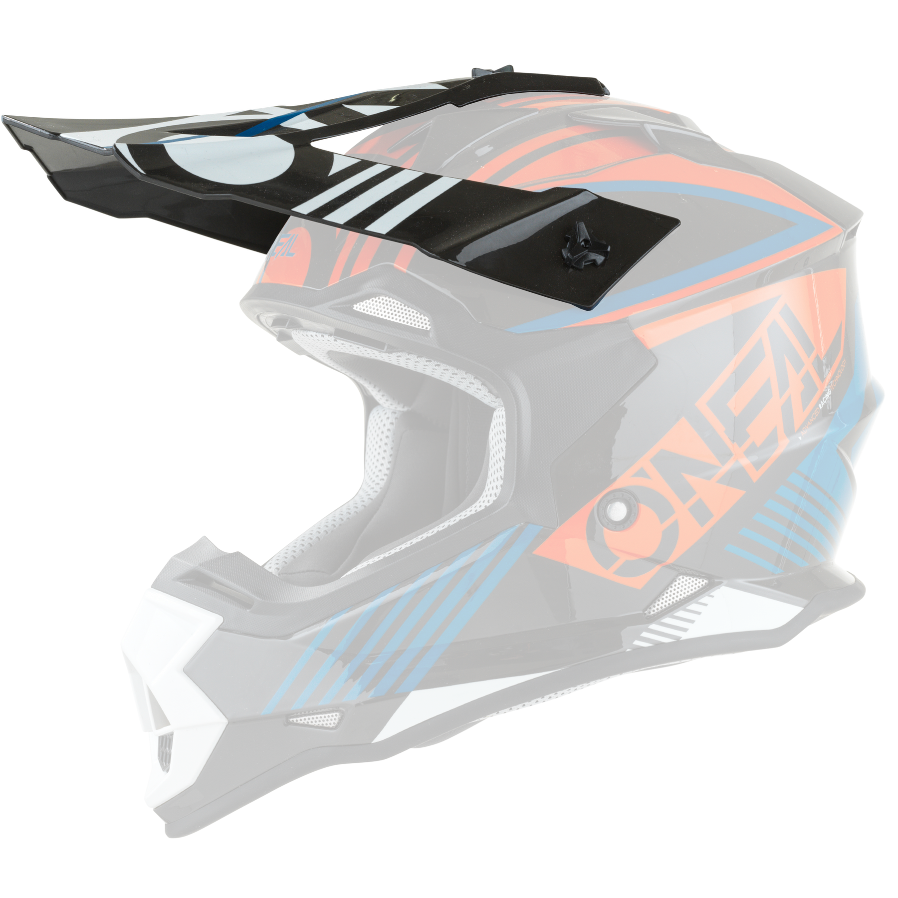 Der O'NEAL Visor 2SRS Helm RUSH ist ein Vollvisier-Motocross-Helm mit schwarzem, orangefarbenem, blauem und weißem geometrischem Design, einem oberen Visier und "ONEAL" in fetten orangefarbenen Buchstaben an der Seite.