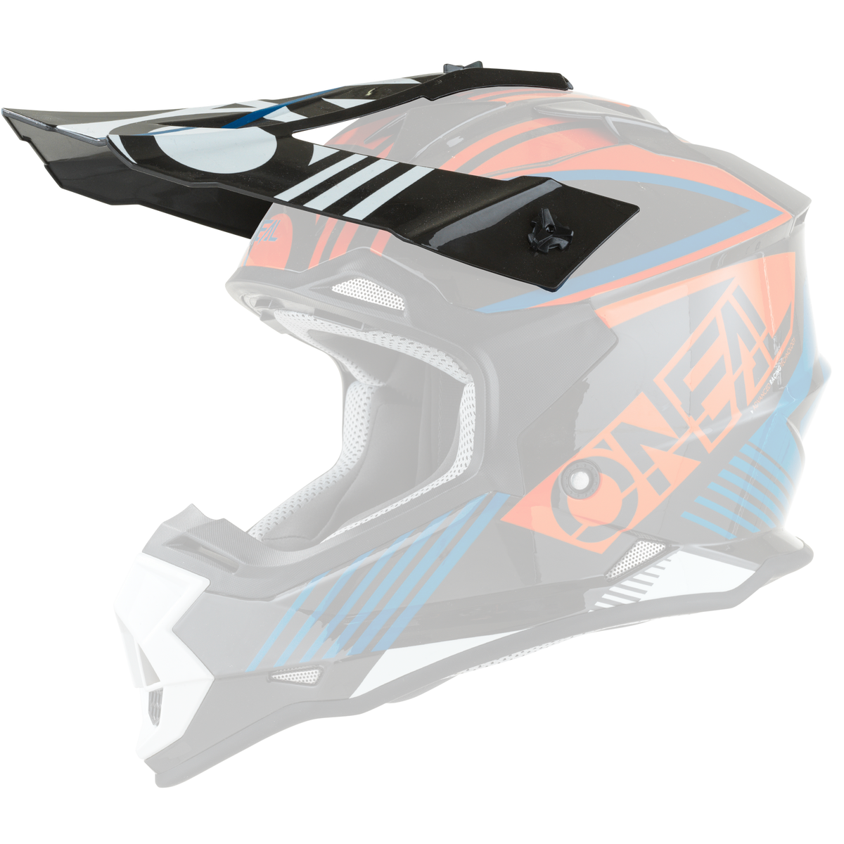 Der O'NEAL Visor 2SRS Youth Helmet RUSH ist ein Vollvisier-Motocross-Helm mit schwarzem, rotem, blauem und weißem geometrischen Design und einem auffälligen orangefarbenen "O'NEAL"-Schriftzug an der Seite.