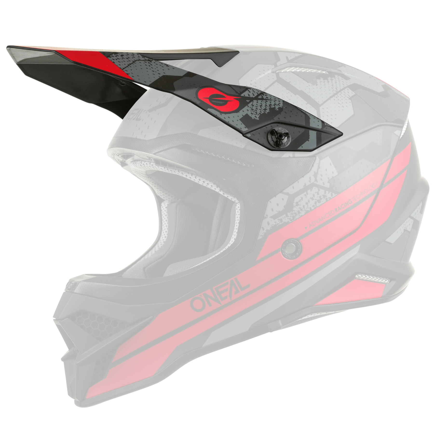 Der O'NEAL Visor 3SRS Helm CAMO zeichnet sich durch ein schwarz-graues Tarndesign mit roten Akzenten, kantiges Design, ein Visier und das O'NEAL-Logo aus - ideal für den Einsatz im Gelände.