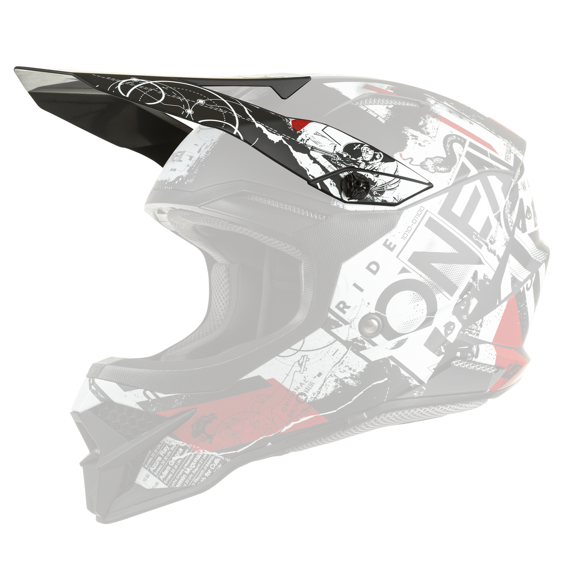 Der O'NEAL Visor 3SRS Helm SCARZ von O'NEAL ist ein schwarzer, weißer und roter Fullface-Motocross-Helm mit kantigen Grafiken, fettgedrucktem Text, einem großen Visier und abstrakten dynamischen Mustern für einen modernen Look.