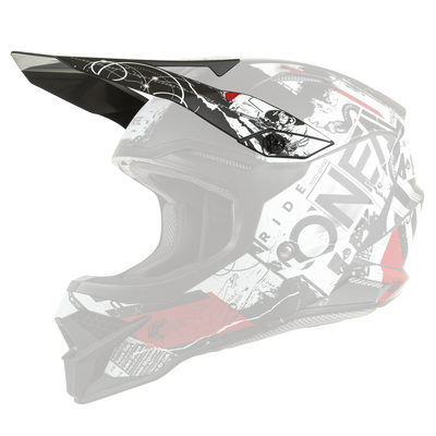 Der O'NEAL Visor 3SRS Helm SCARZ von O'NEAL ist ein schwarzer, weißer und roter Fullface-Motocross-Helm mit kantigen Grafiken, fettgedrucktem Text, einem großen Visier und abstrakten dynamischen Mustern für einen modernen Look.
