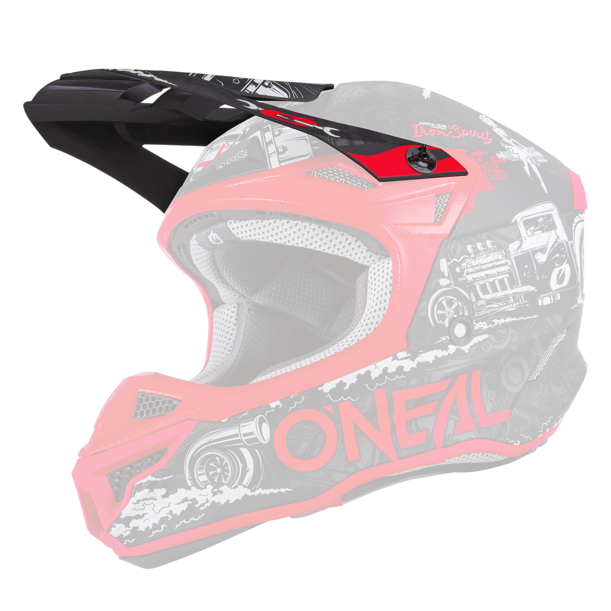 Le casque O'NEAL Visor 5SRS Polyacrylite Helmet HR est un casque de motocross rouge et noir avec un branding O'NEAL accrocheur, des graphismes de voitures et de moteurs illustrés sur les côtés, une visière et un intérieur rembourré.