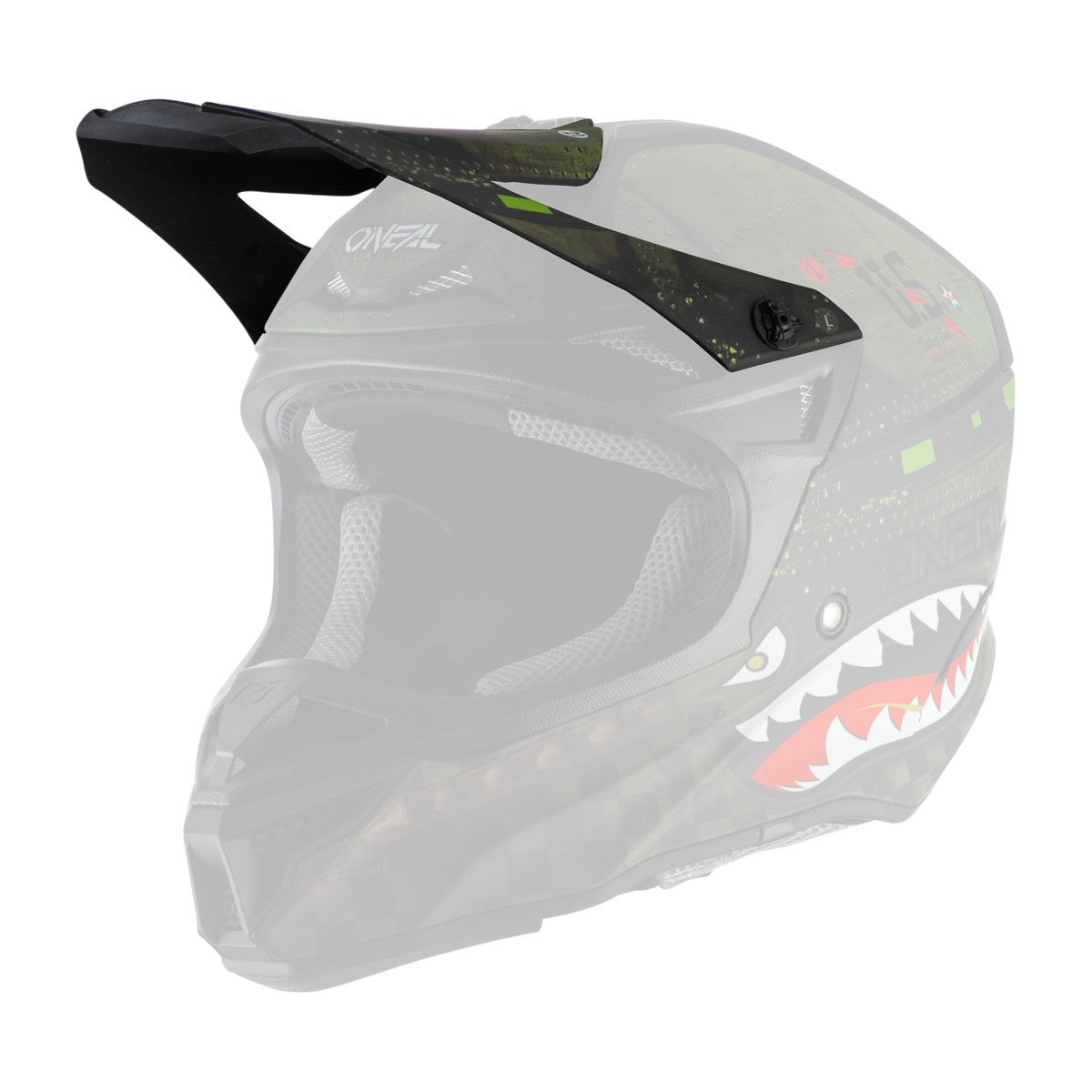Der O'NEAL Visor 5SRS Polyacrylite Helm WARHAWK ist ein schwarz-grüner Motocross-Helm mit Visier, der ein Haifischmaul mit scharfen Zähnen und einem Muster im Camouflage-Stil zeigt.